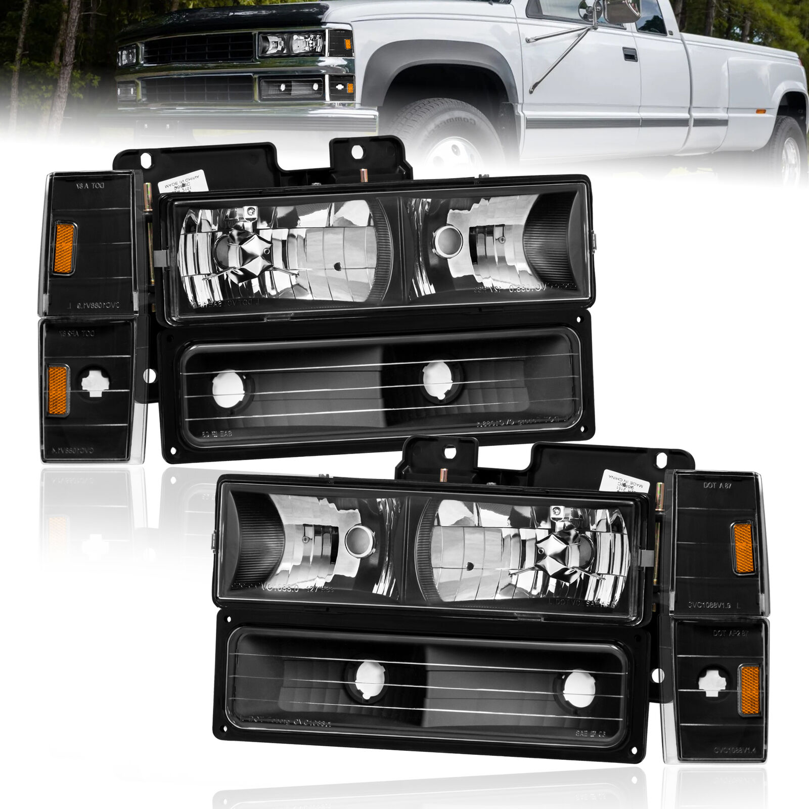 2X Black Headlights w/ Bumper Corner Lights For 1988-93 Chevy C/K 1500 2500 3500