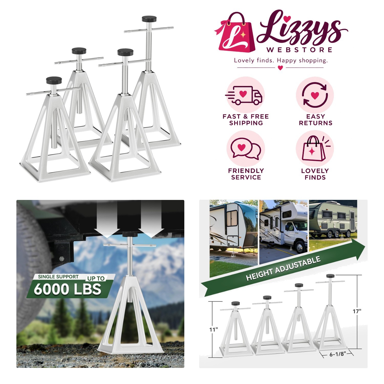 Durable 6000 lb RV Stack Jacks - 4-Pack Adjustable Stabilizers for Campers