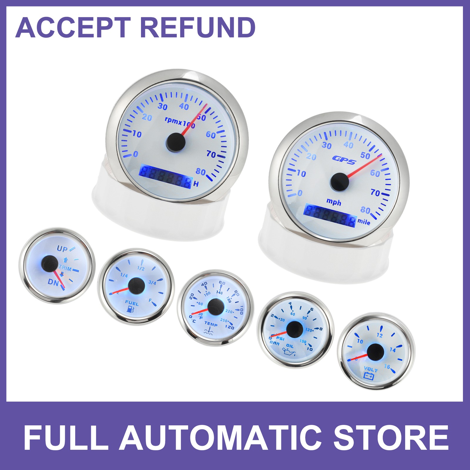 Boat 7 Gauge Set GPS Speedometer Tacho Fuel/Temp/Oil/Volt/Trim for Marine