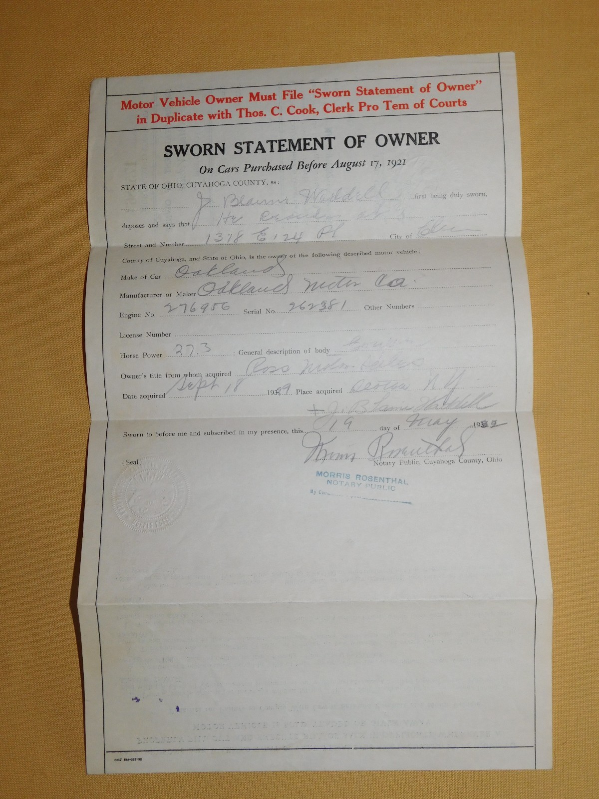 VINTAGE 1932 BILL OF SALE MOTOR VEHICLE OAKLAND MOTOR CAR OHIO & SCOTIA NY VINTAGE 1932 BILL OF SALE MOTOR VEHICLE OAKLAND MOTOR CAR OHIO & SCOTIA NY