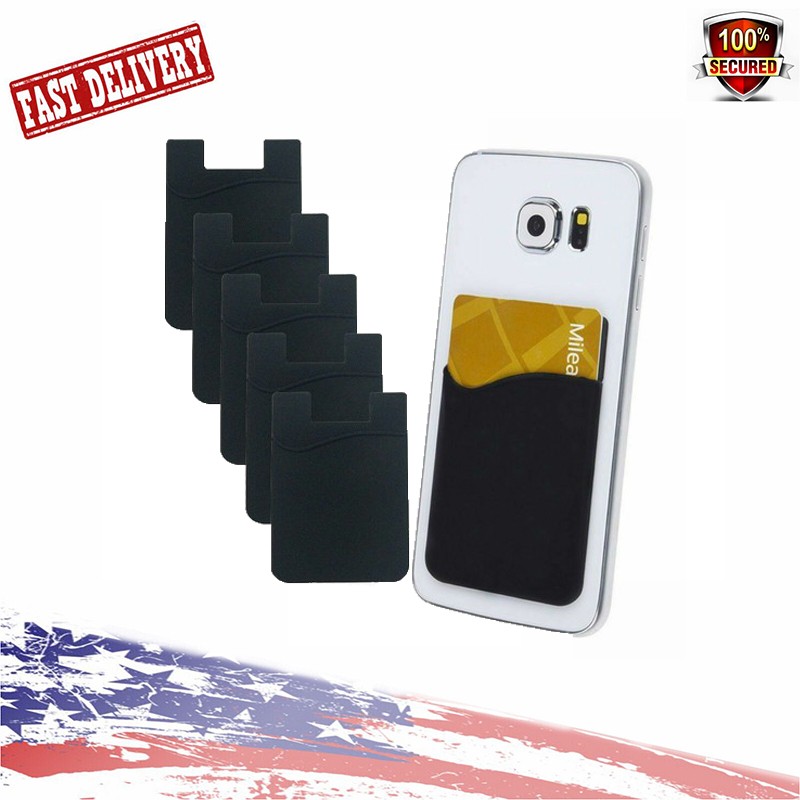 5PCS Silicone Credit Card Holder Cell Phone Wallet Pocket Sticker Adhesive Black