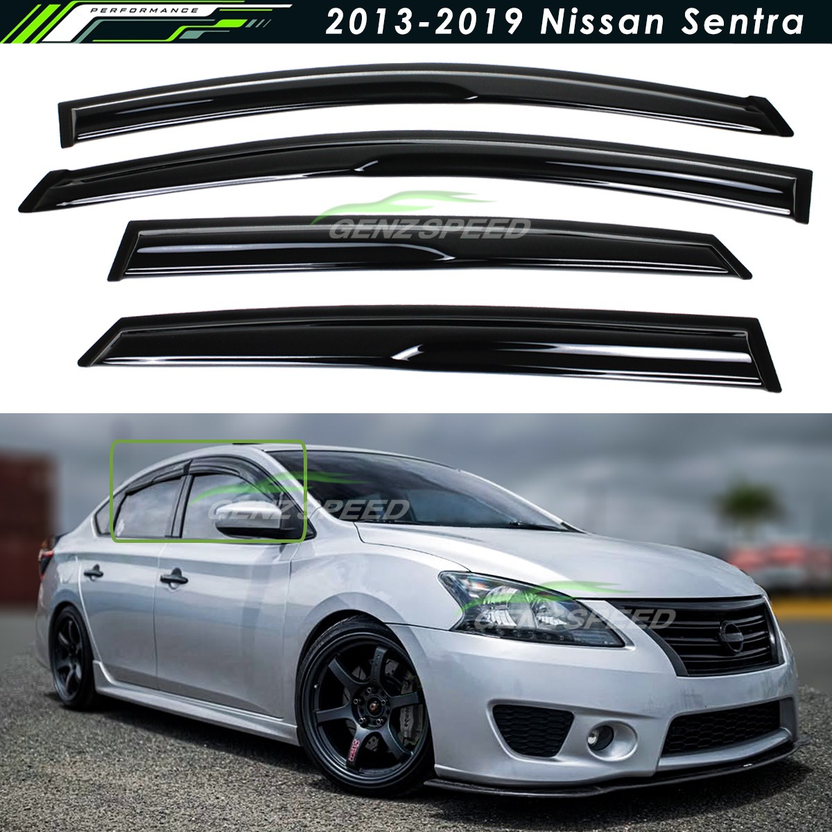 For 2013-2019 Nissan Sentra Wavy Mugen Smoke Tinted Window Visor Rain Guard Vent For 2013-2019 Nissan Sentra Wavy Mugen Smoke Tinted Window Visor Rain Guard Vent