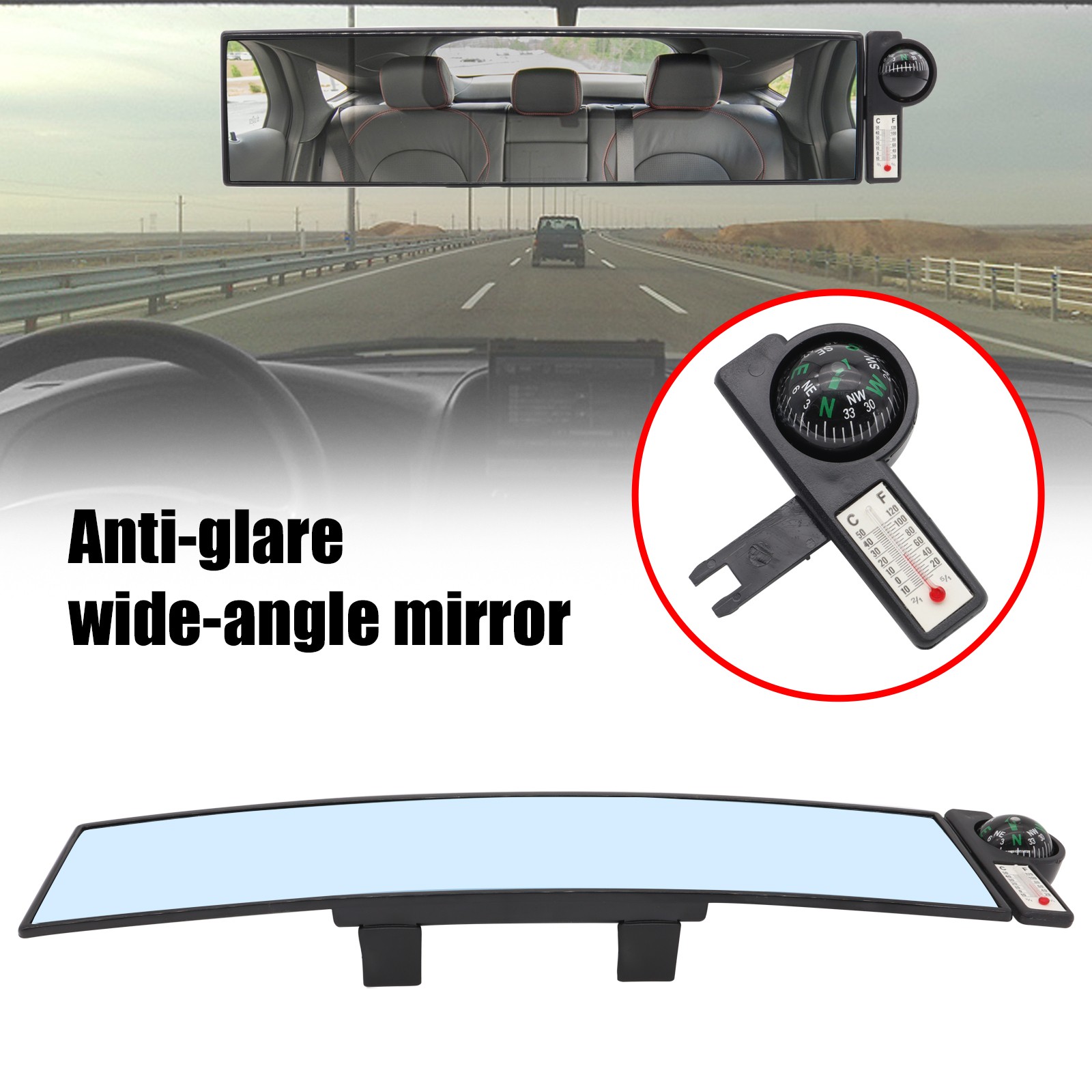 Large Inner Rear View Mirror Anti-Glare  Compass  Thermometer Temperature Mirror