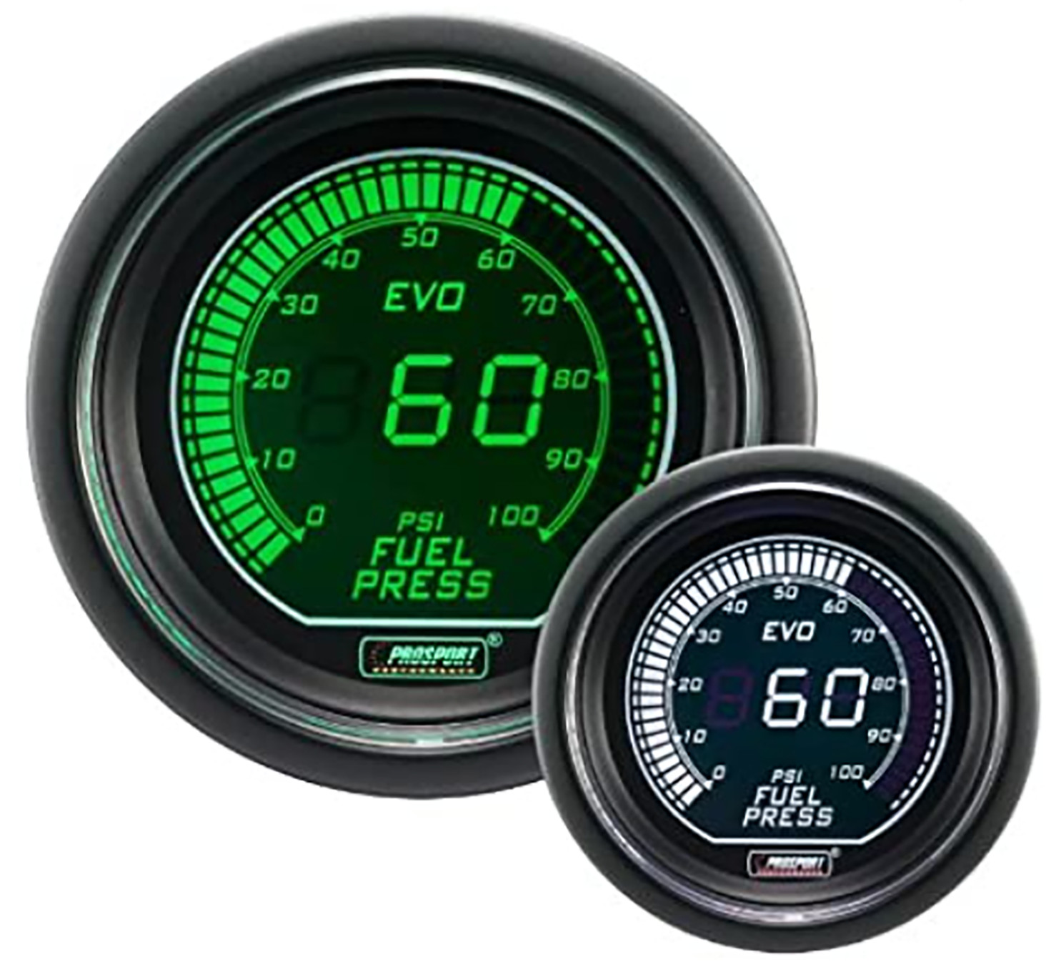 Prosport 52mm EVO Series Digital Fuel Pressure Gauge Green and White