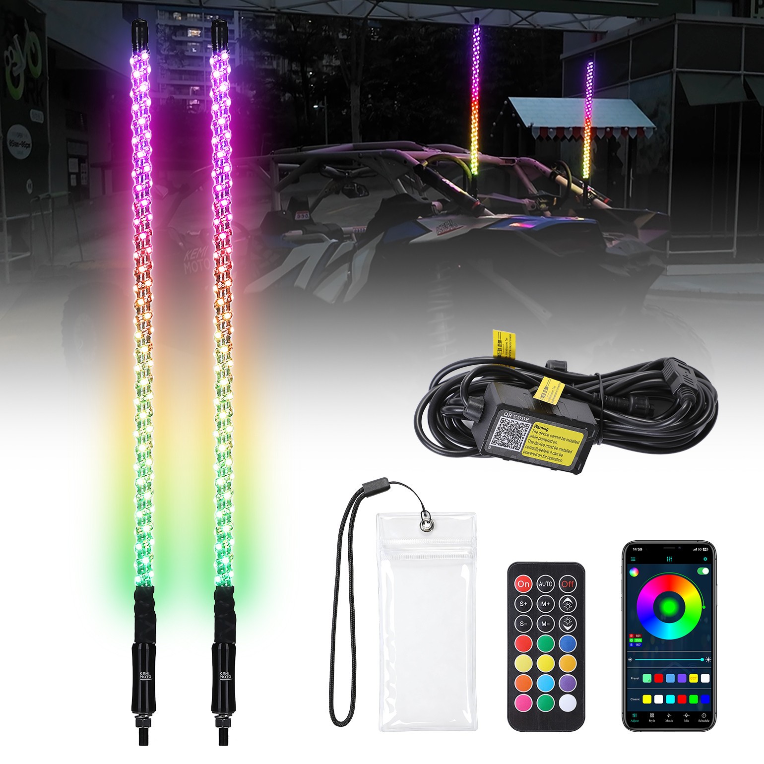 Pair 3FT Spiral Whip Lights LED RGB Antenna Chase Remote&App Control for RANGER