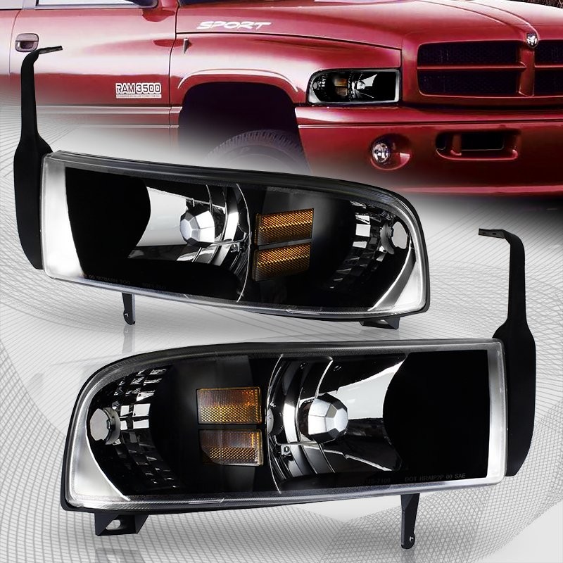 For 94-01 Dodge Ram 1500 2500 3500 1-Piece Black Headlights W/Amber Corner Lamps