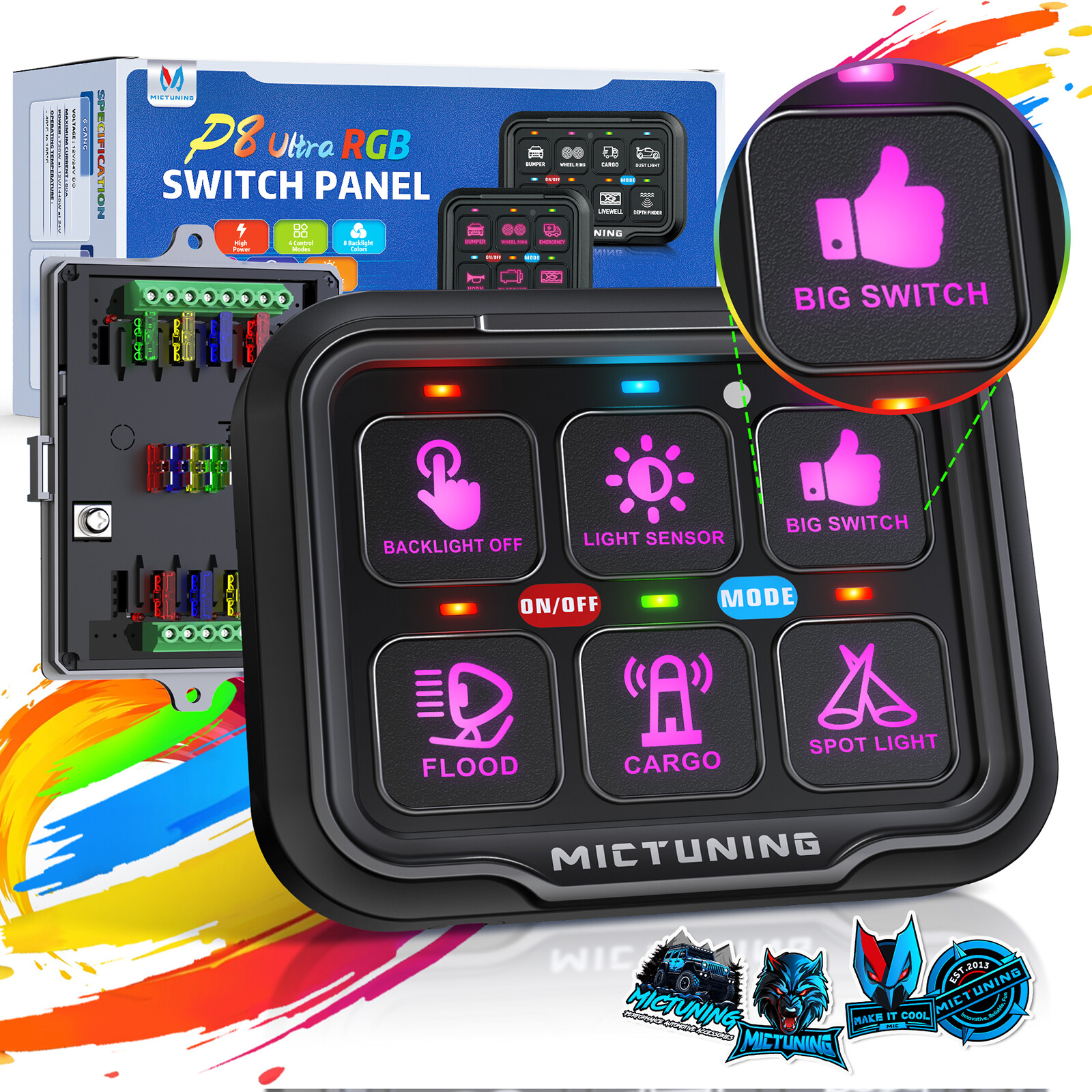 MICTUNING 6/8 Gang Switch Panel On-Off LED Lights Circuit Control Relay System