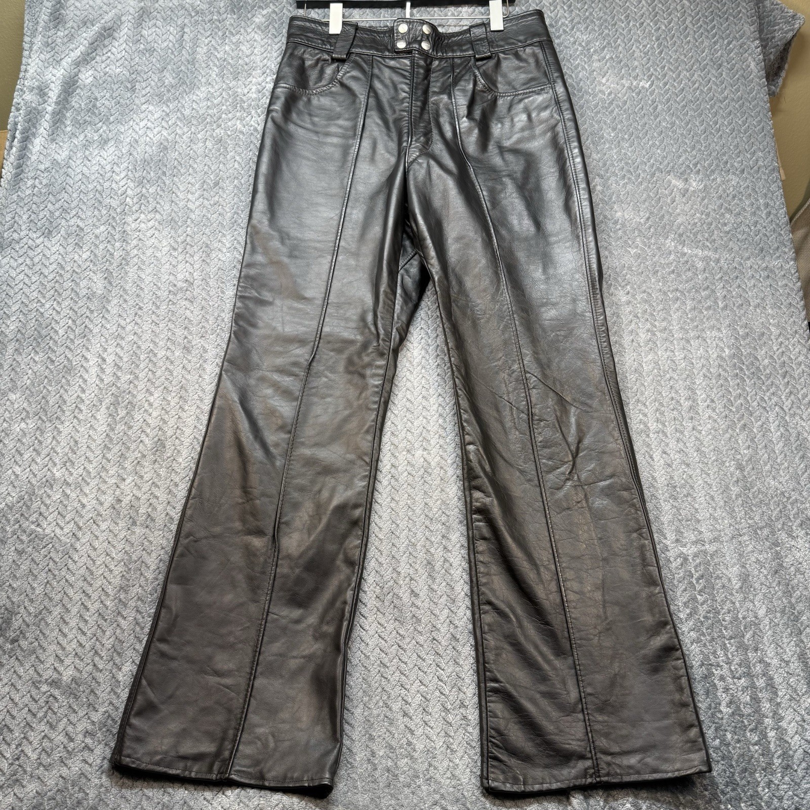 Vintage 70s 80s Leather Biker Pants Lined Black Motorcycle Brooks USA 33x30