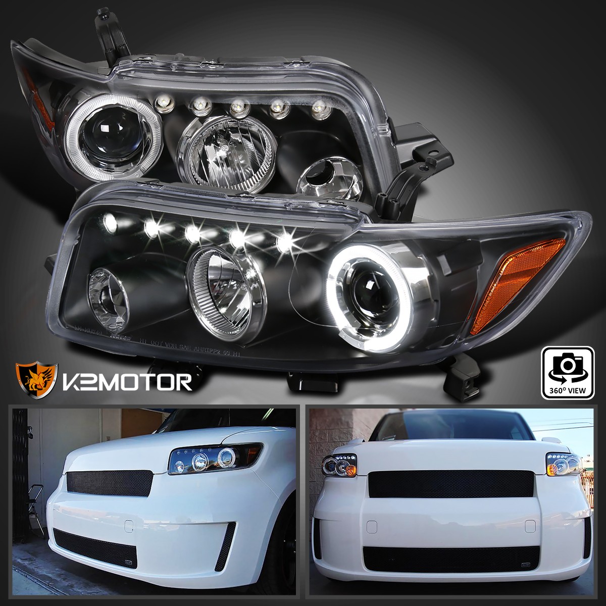 Black Fits 2008-2010 Scion xB LED Halo Projector Headlights Lamps L+R Pair 08-10