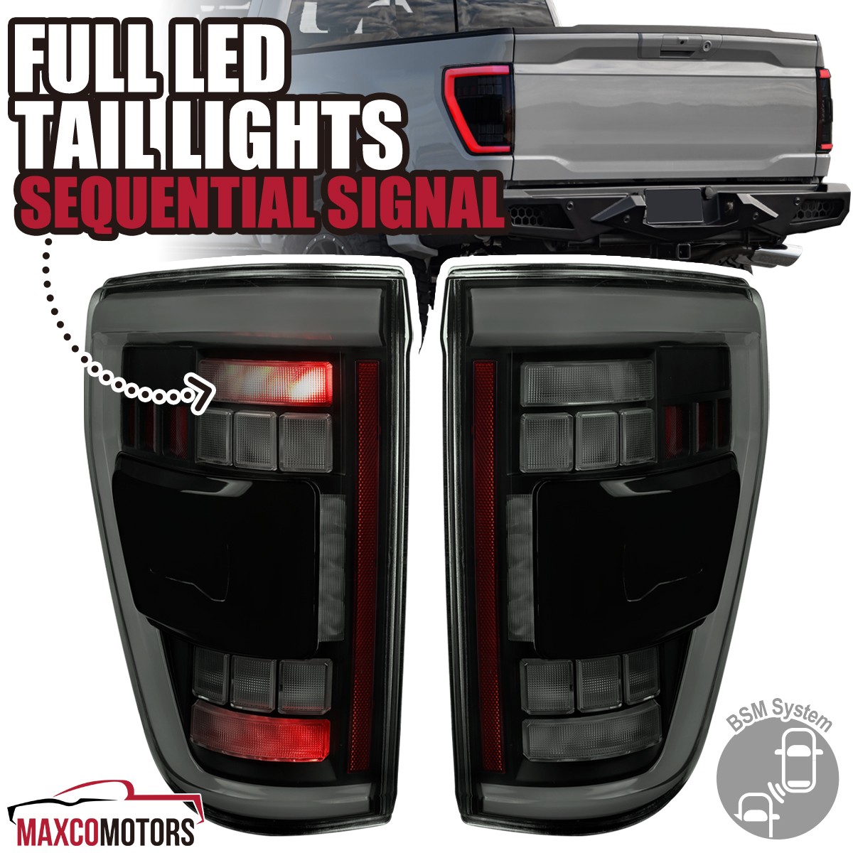 Black Smoke Tail Lights Fits 2021-2023 Ford F150 Full LED Lamps [W/Blind Spot]