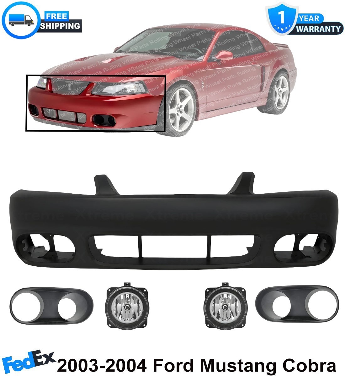 Front Bumper Cover Primed Plastic & Fog Lights For 2003-2004 Ford Mustang Cobra