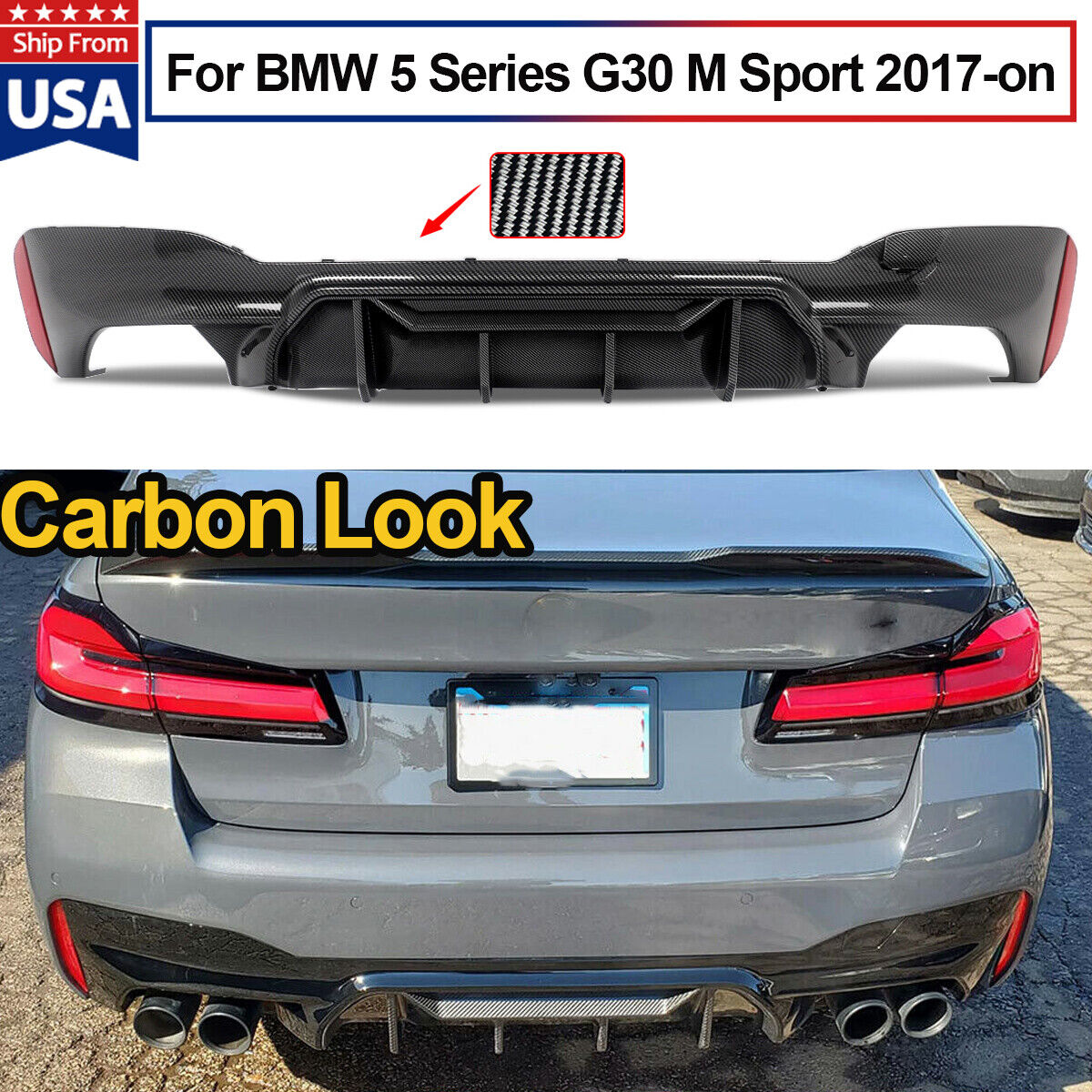 M5 Competition Style Rear Diffuser For 2017-21 BMW G30 F90 M5 540i Carbon Look