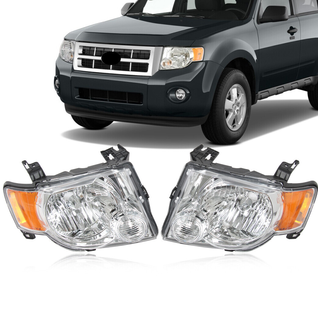 For 2008-2012 Ford Escape Chrome Housing Amber Corner Headlight Head Lamps