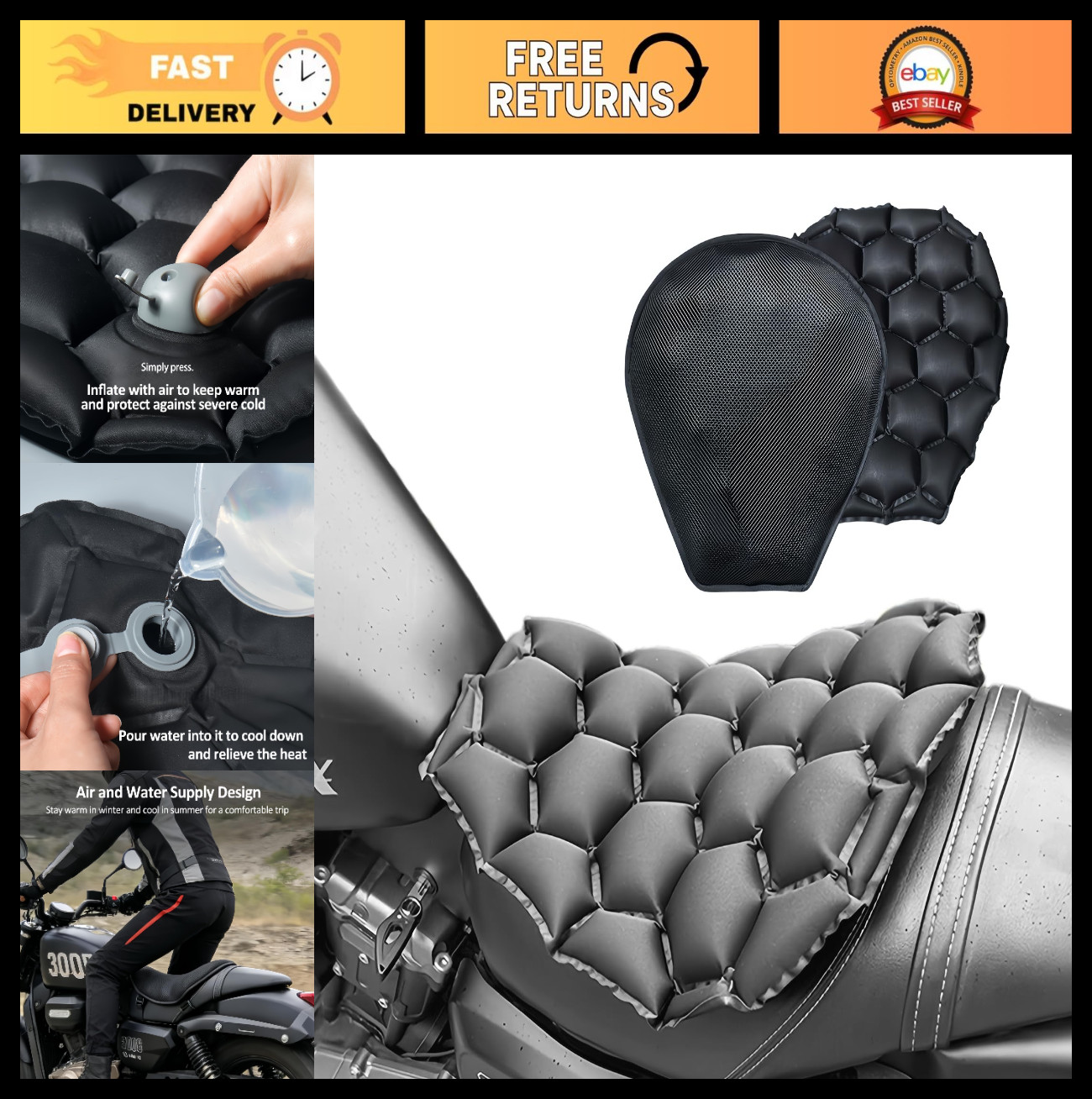 Inflatable Motorcycle Air Seat Cushion with Pump, Breathable Mesh & Non-Skid Bot