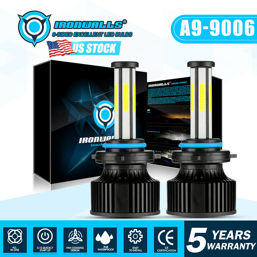 6-sides 9006 HB4 LED Headlight Bulbs Conversion Kit High Low Beam 6500K White 2x