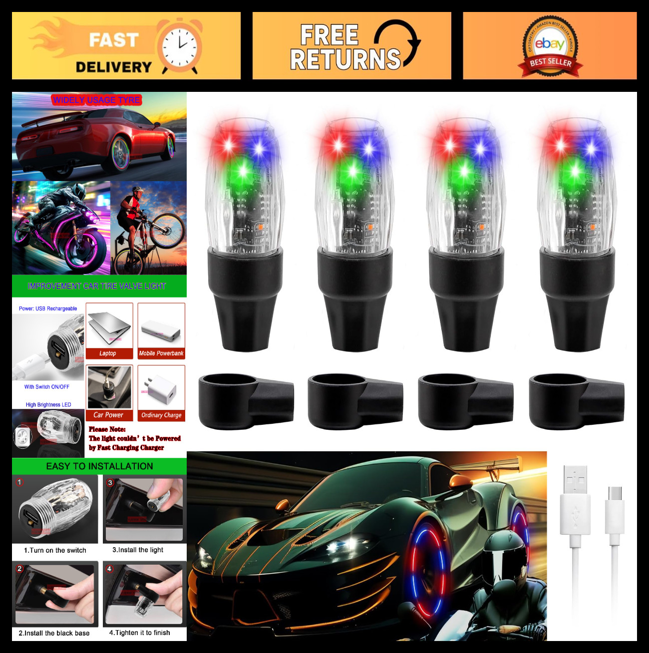 4 PCS Colorful LED Tire Valve Lights - Waterproof Wheel Caps for Car, SUV, Truck 4 PCS Colorful LED Tire Valve Lights - Waterproof Wheel Caps for Car, SUV, Truck
