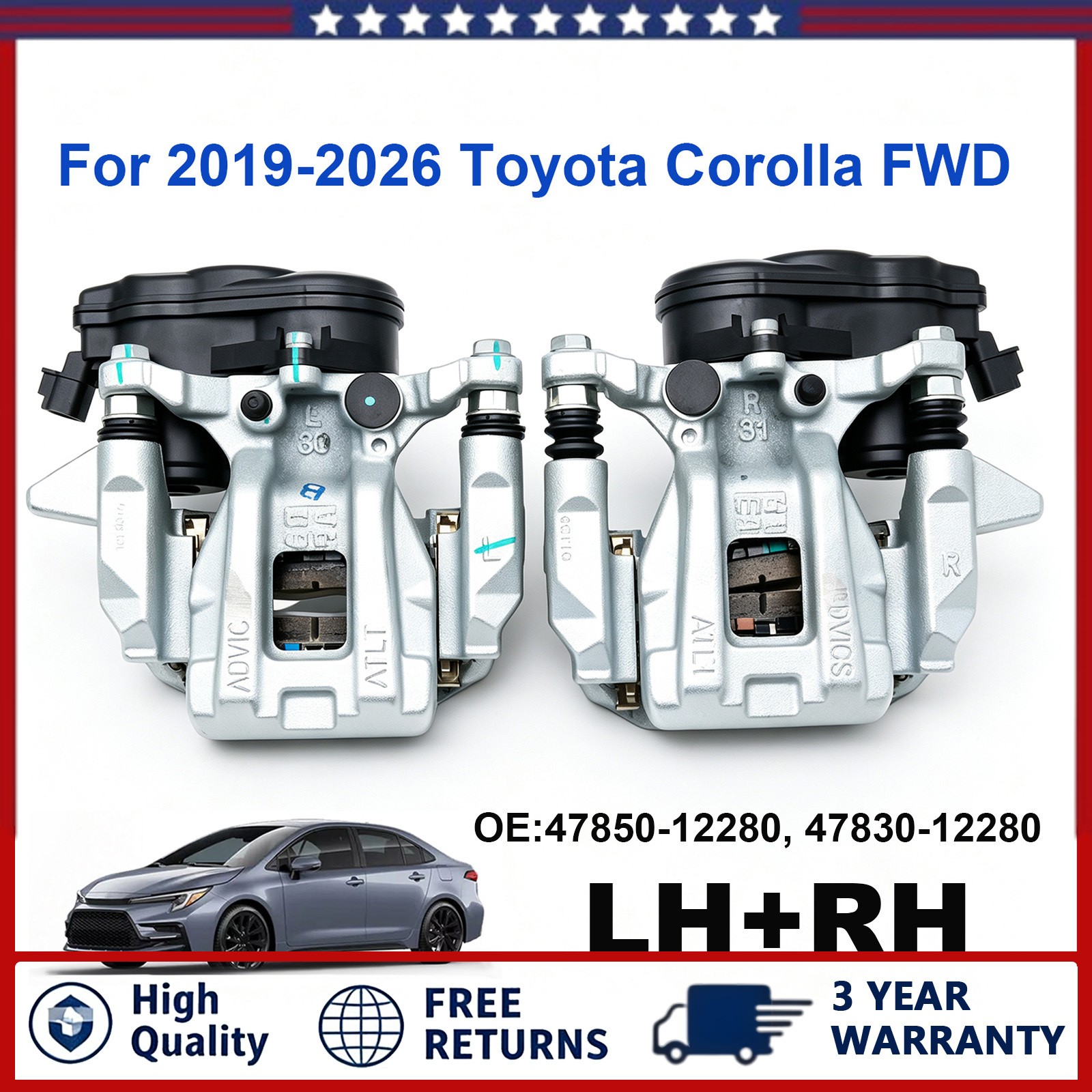 1 Pair Rear Left + Right Disc Brake Calipers Fits Toyota Corolla 2019-25 FWD