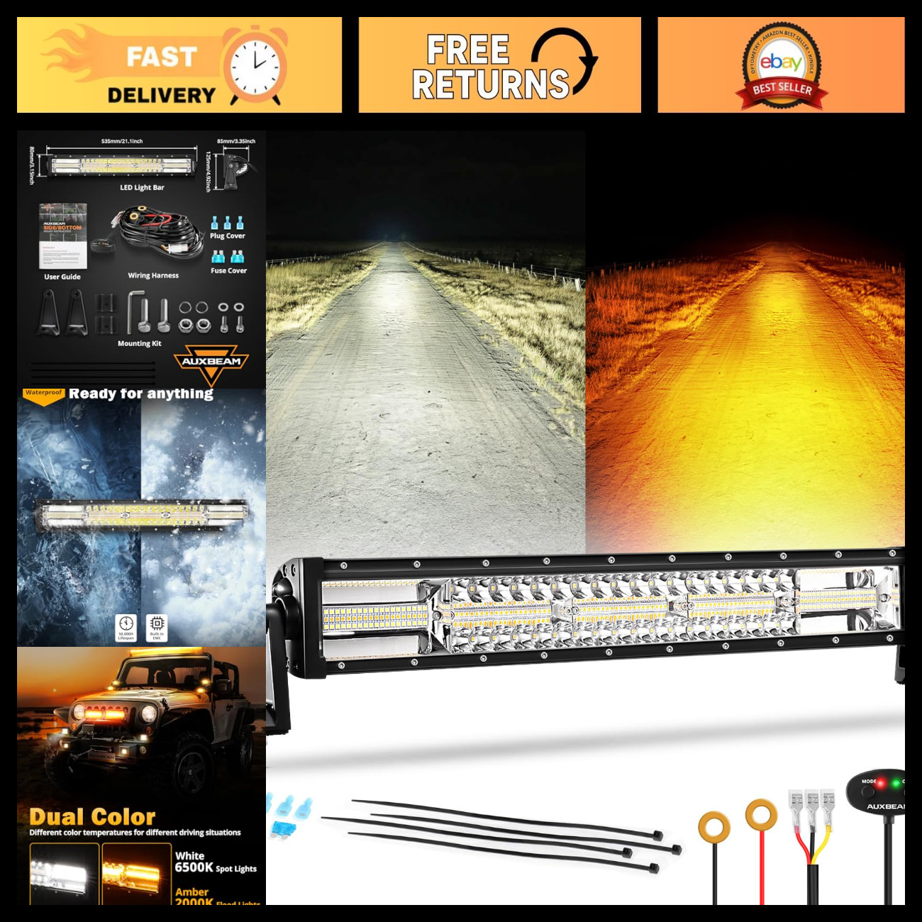 22-Inch LED Light Bar, 6 Modes Amber White, Off-Road Lighting, Waterproof, High