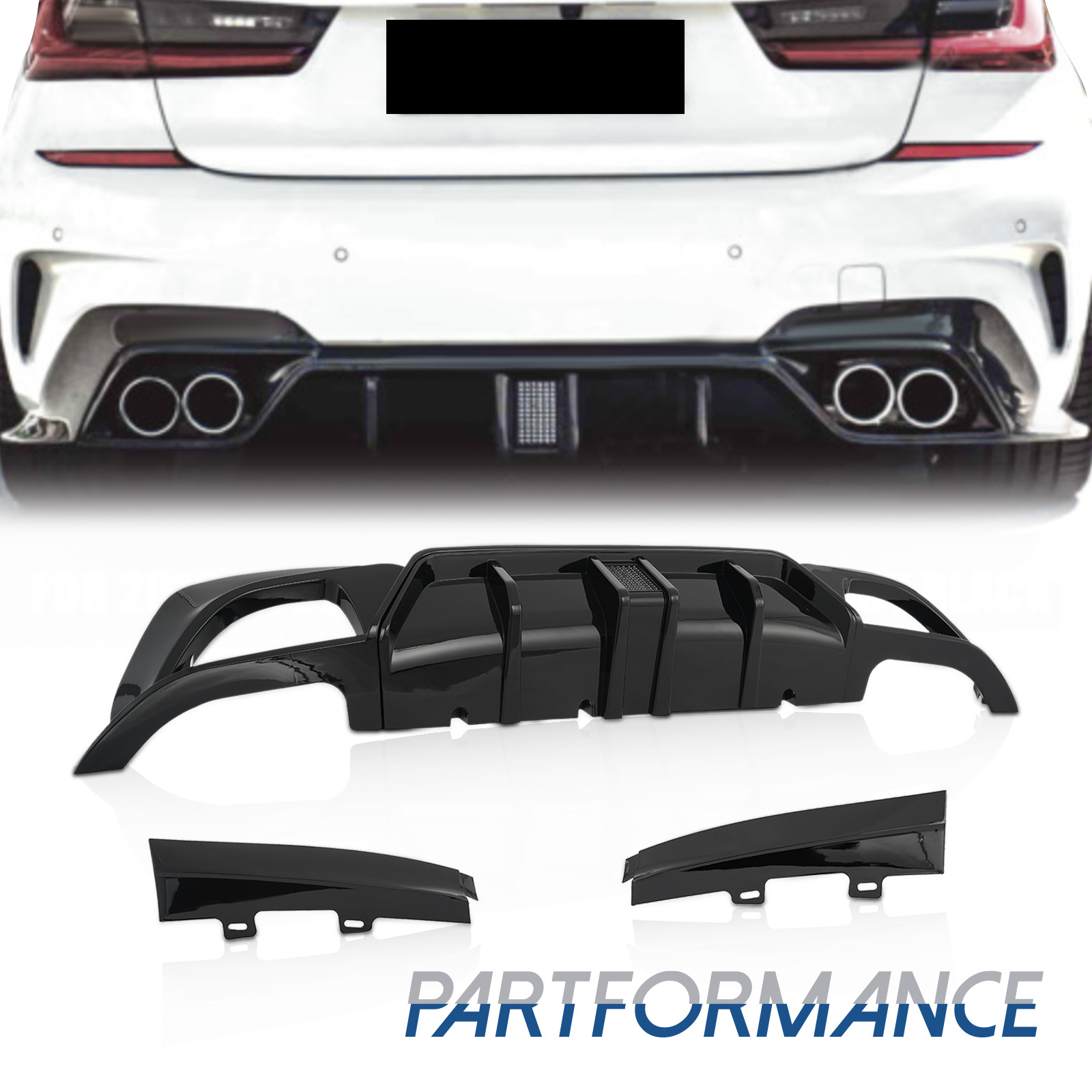 CMS Style Gloss Black Rear Diffuser W/LED Light For 2019-2022 BMW G20 3 Series