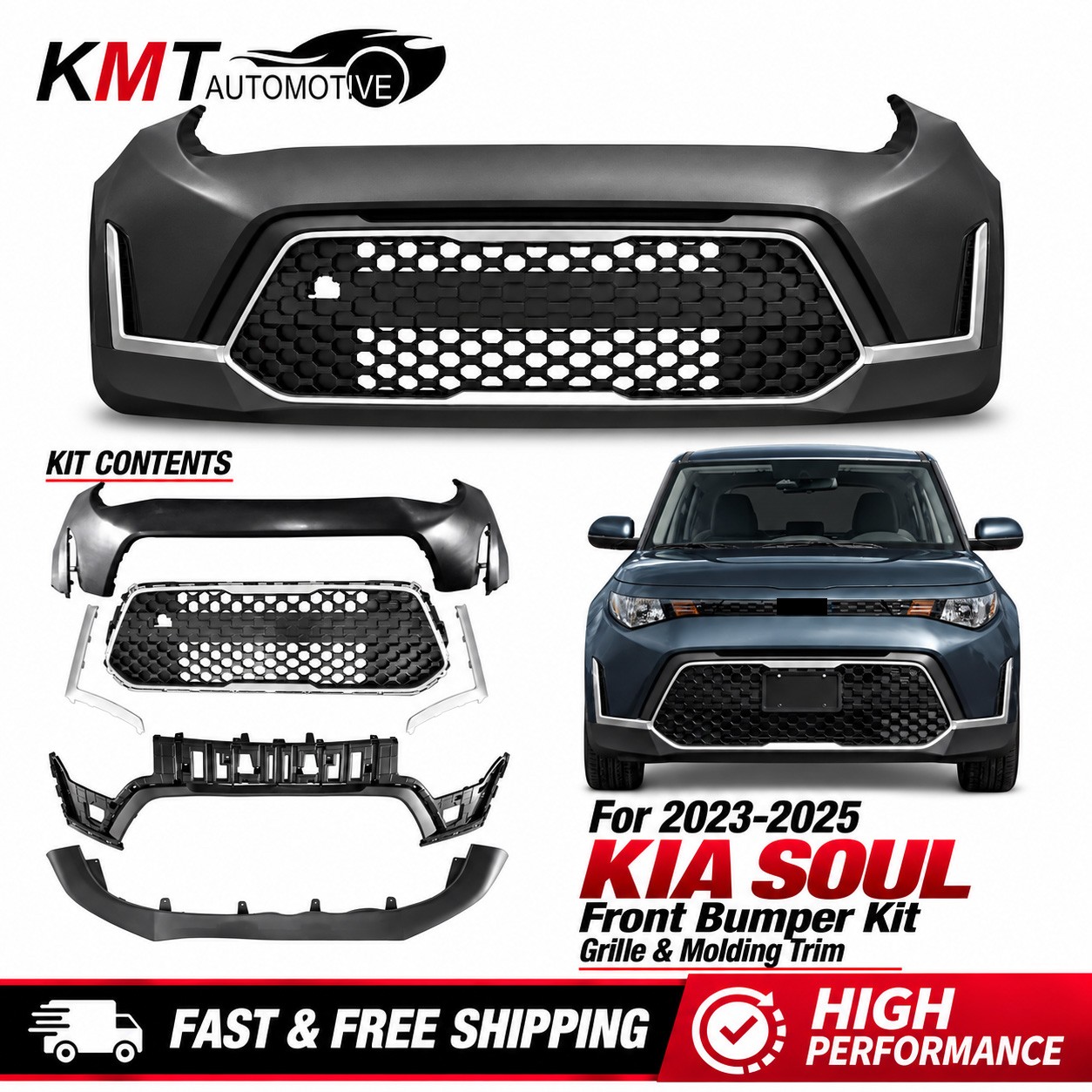 Front Bumper Cover Kit With Grille & Molding Trim Fits 2023 2024 2025 Kia Soul