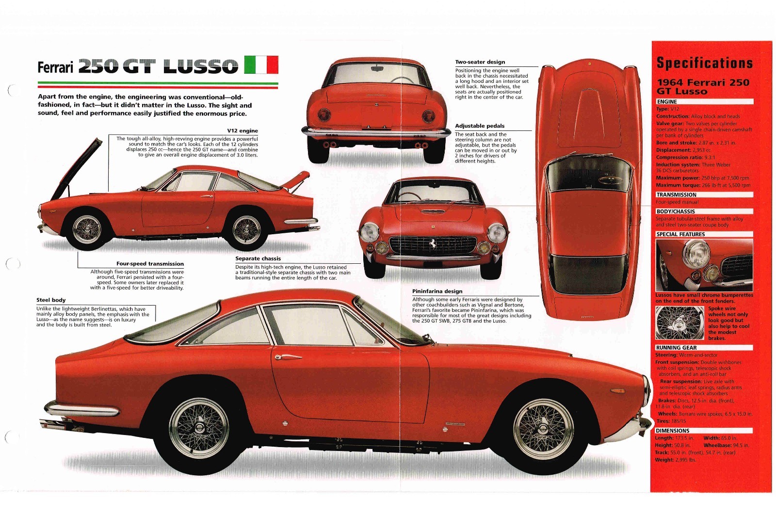 1962/1963/1964 FERRARI 250 GT LUSSO SPEC SHEET/Brochure