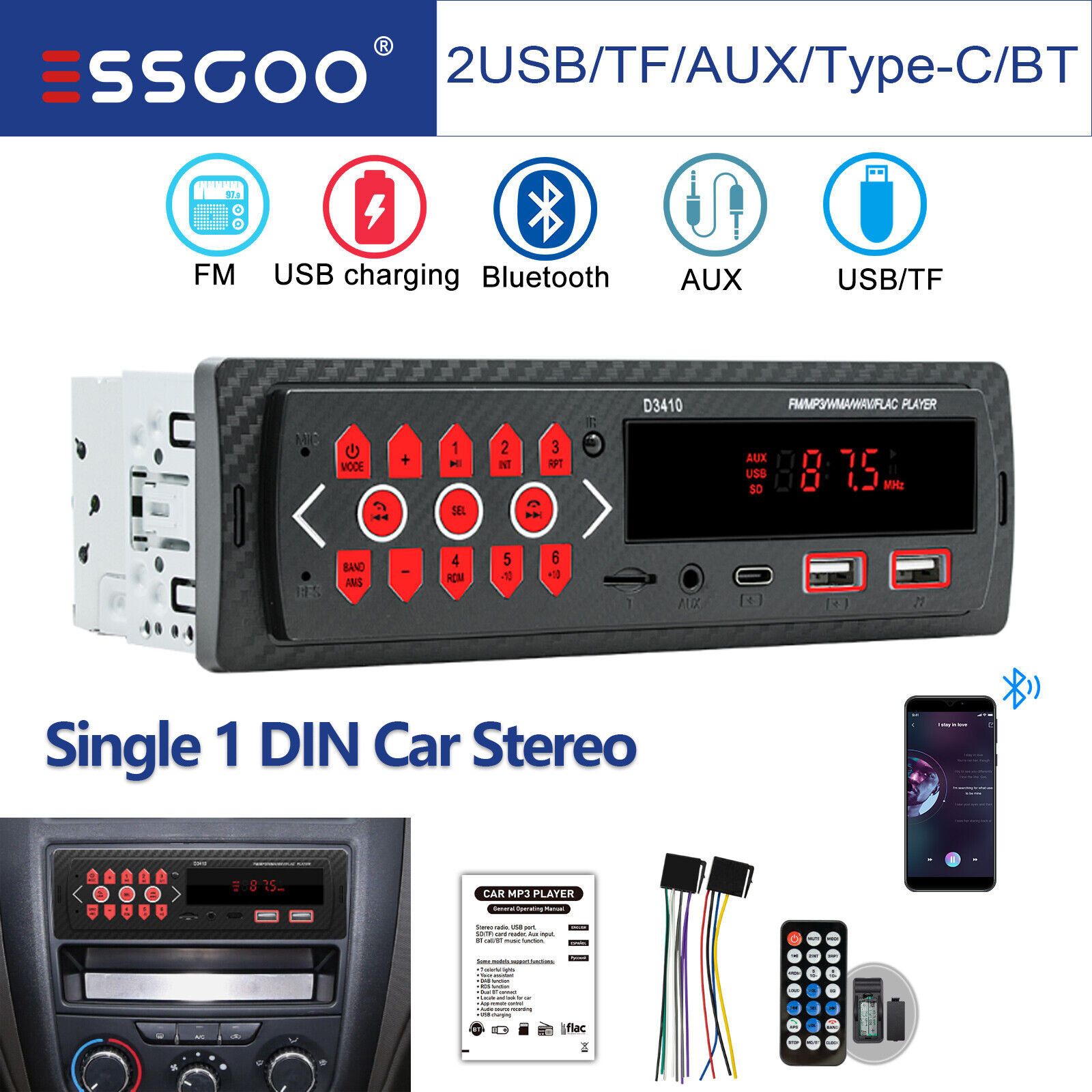 ESSGOO Car Stereo Single 1 DIN In-Dash FM Radio Stereo Player USB AUX Bluetooth