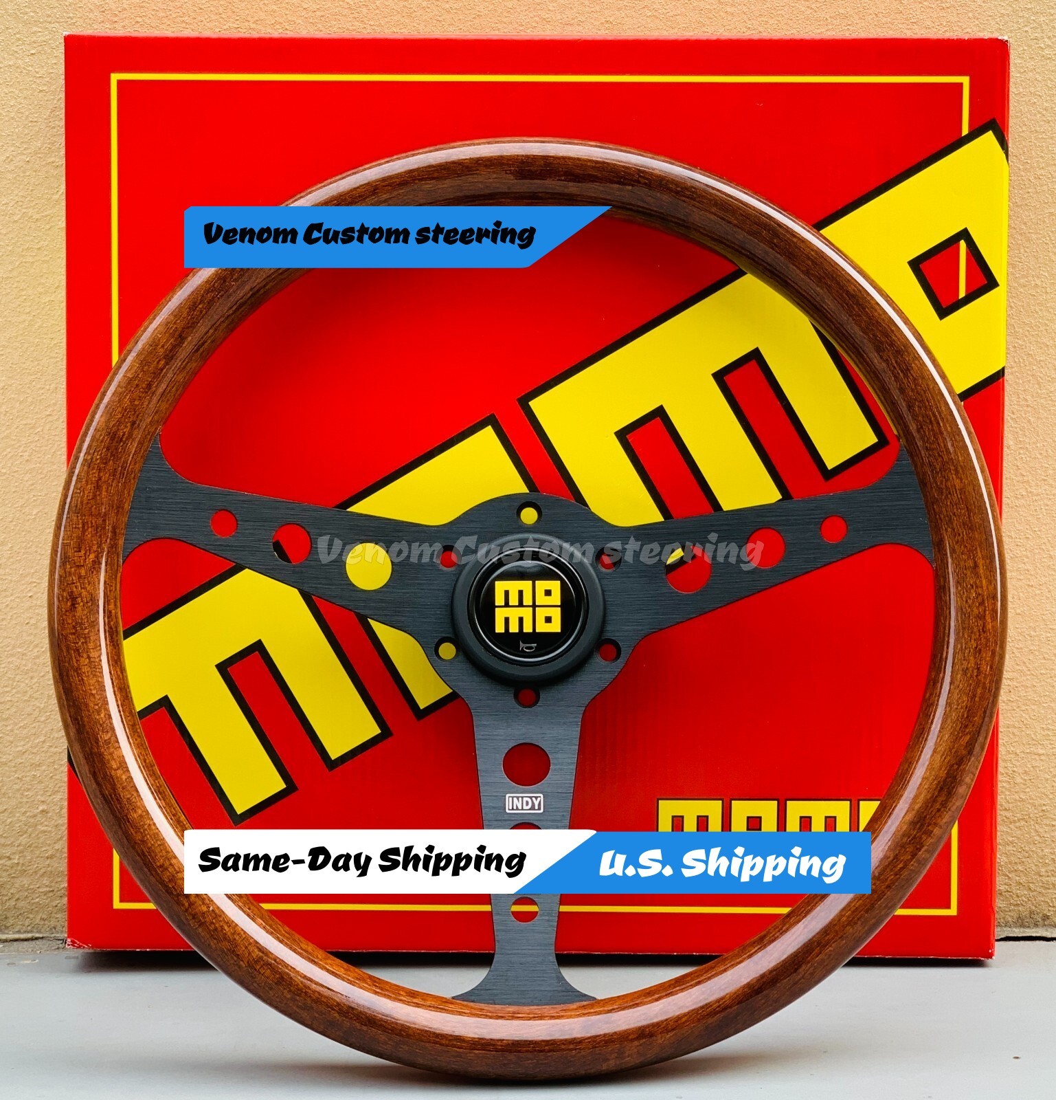 MOMO Heritage Indy Black Woodgrain Mahogany Wood Steering Wheel 350mm