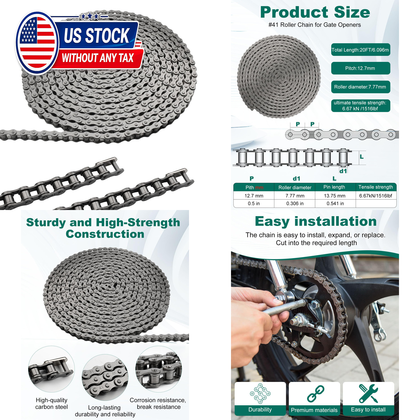 #41 Roller Chain for Gate Openers 20 Feet Carbon Steel Chains