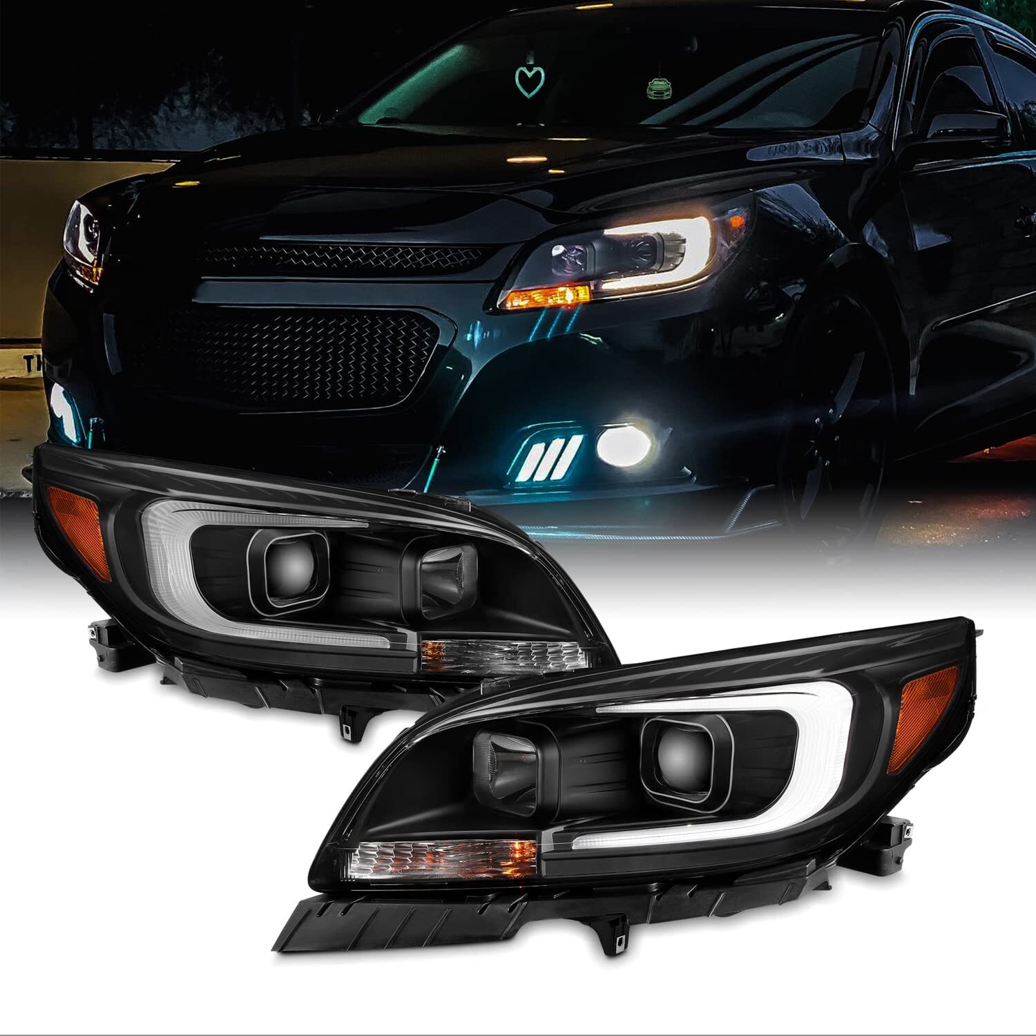 2013-2015 Chevy Malibu Black LED Tube Halogen Projector Headlights Headlamps Set
