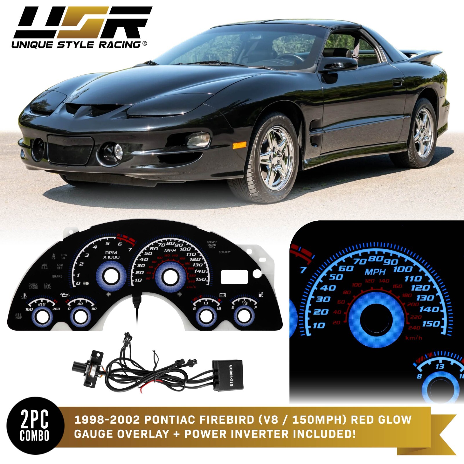 BLUE Glow Gauge Black Overlay For 98-02 Pontiac Firebird V8 Trans Am Cluster