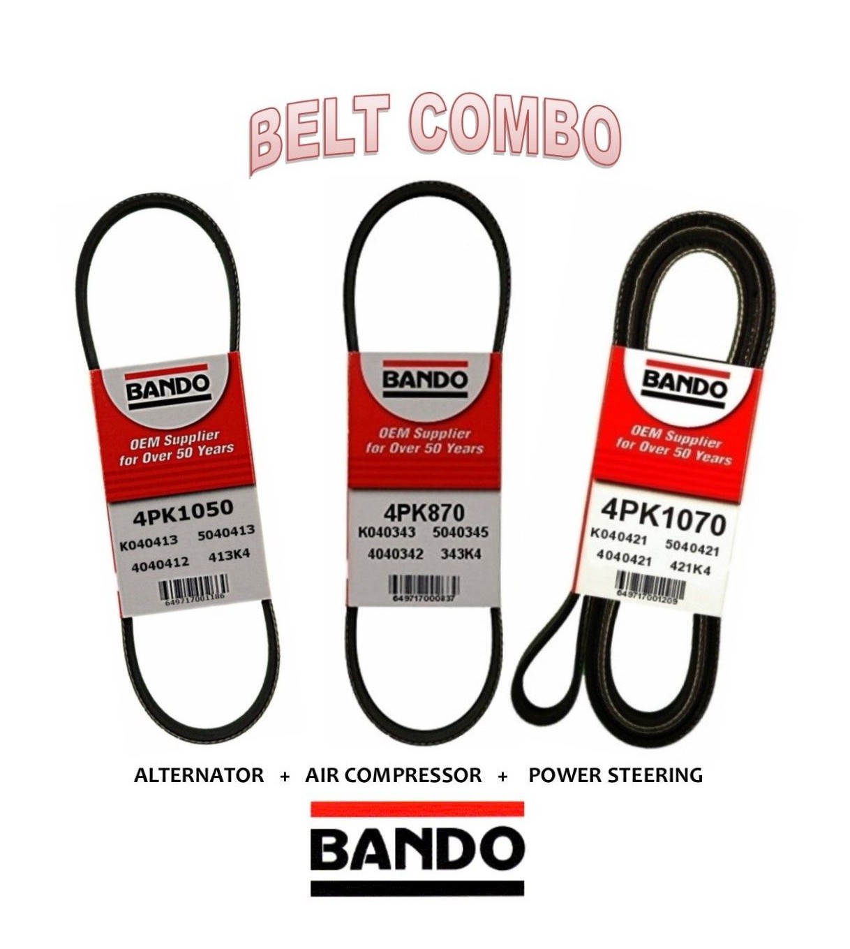 TOYOTA 4 RUNNER V6 3.4 L BANDO 3 BELTS KIT AC/PS/ALT- 4PK870 - 4PK1050 - 4PK1070