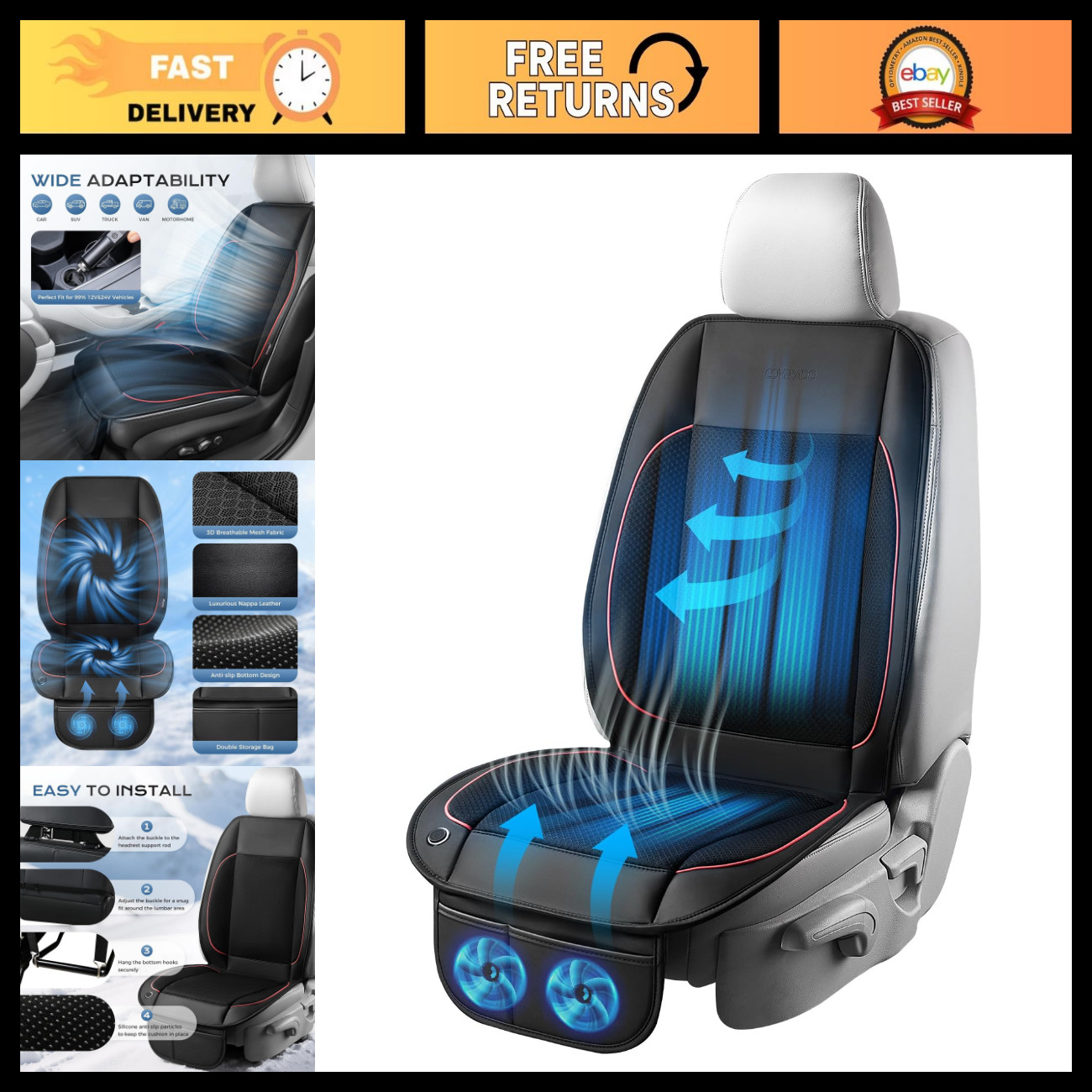 Cooling Car Seat Cushion with Dual Fans, 12V-24V Ventilated Pad, 3 Speed Mode fo Cooling Car Seat Cushion with Dual Fans, 12V-24V Ventilated Pad, 3 Speed Mode fo