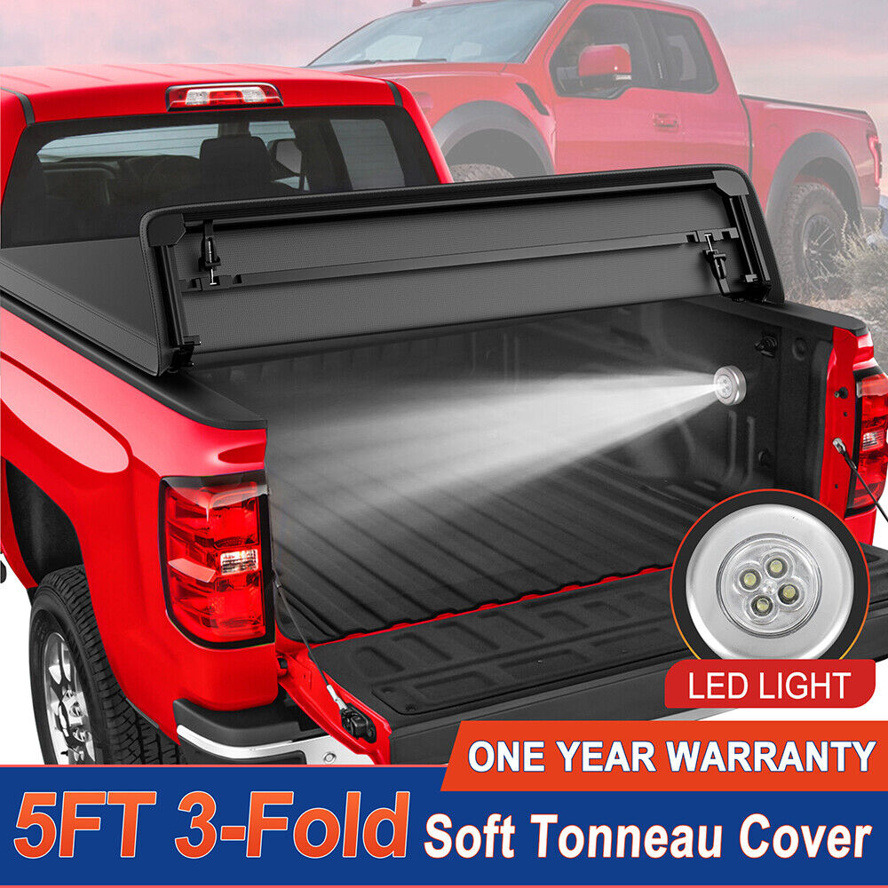 5FT 3-Fold Soft Tonneau Cover For 2024 Toyota Tacoma Extra Short Truck Bed w/LED