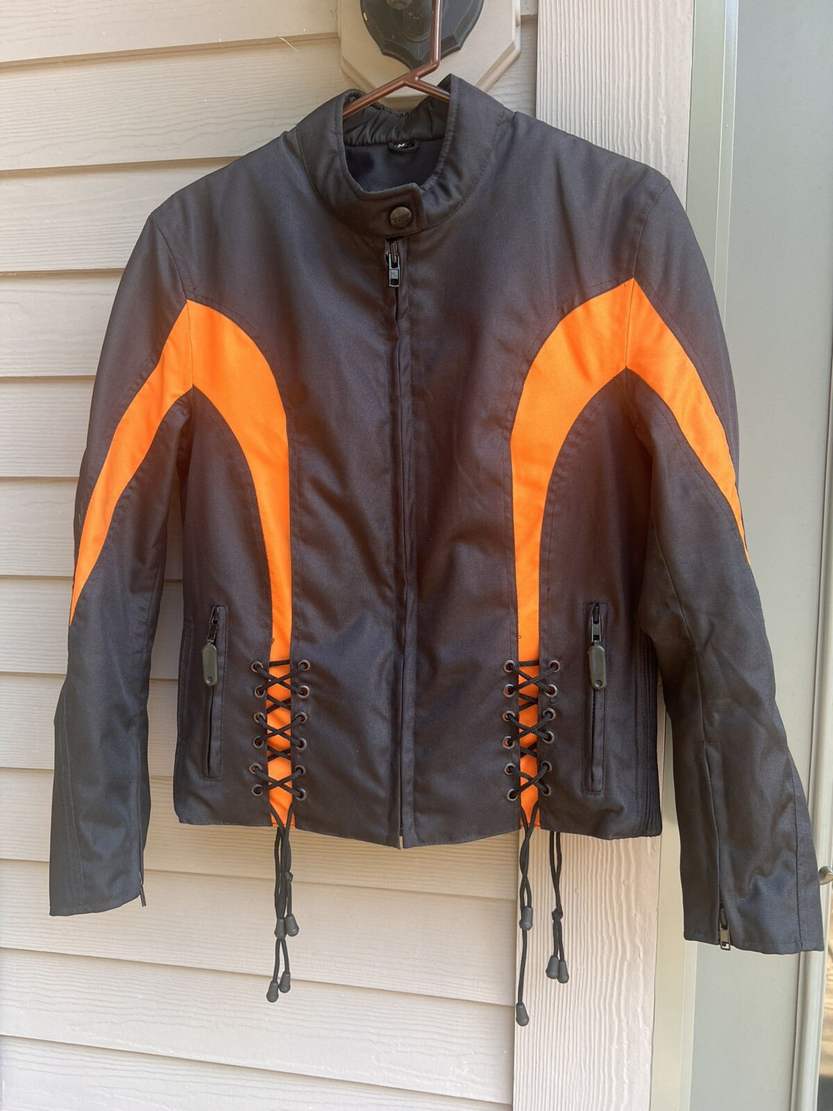 Women\'s Motorcycle Biker Jacket Black and Orange Vented Corset Tie Size Medium