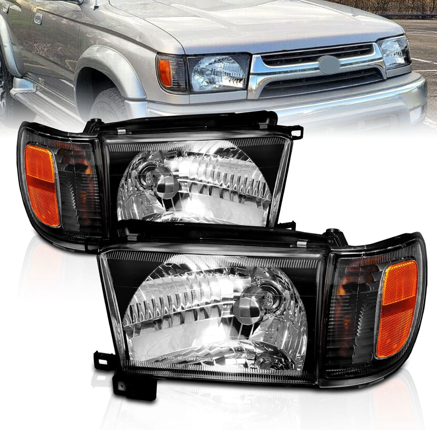 1996-1998 Black Glass Headlight + Corner Light Pair For Toyota 4Runner w/ Bulb