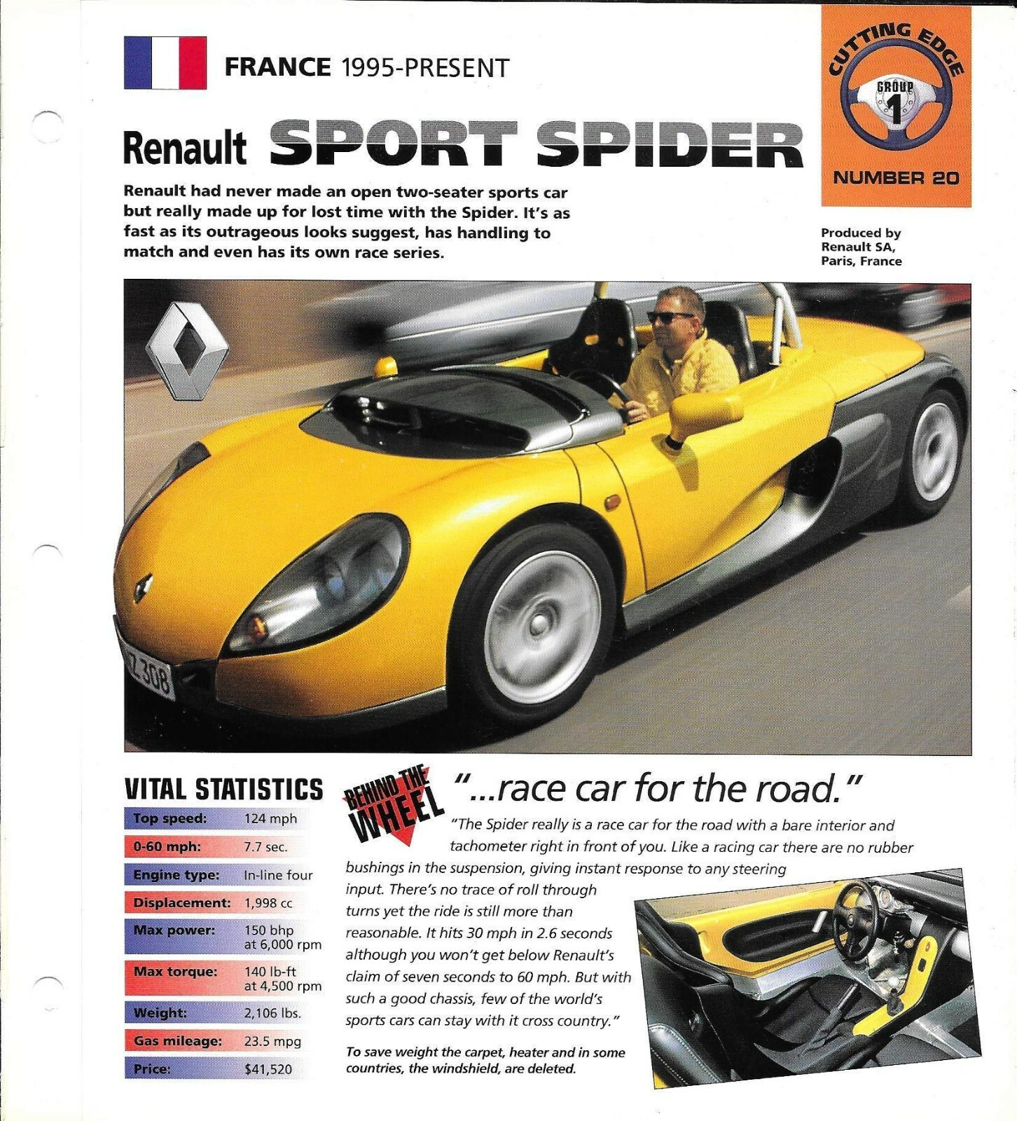Cutting Edge folder 1995-1998 RENAULT SPORT SPIDER SPEC SHEET fact card Hot Cars Cutting Edge folder 1995-1998 RENAULT SPORT SPIDER SPEC SHEET fact card Hot Cars