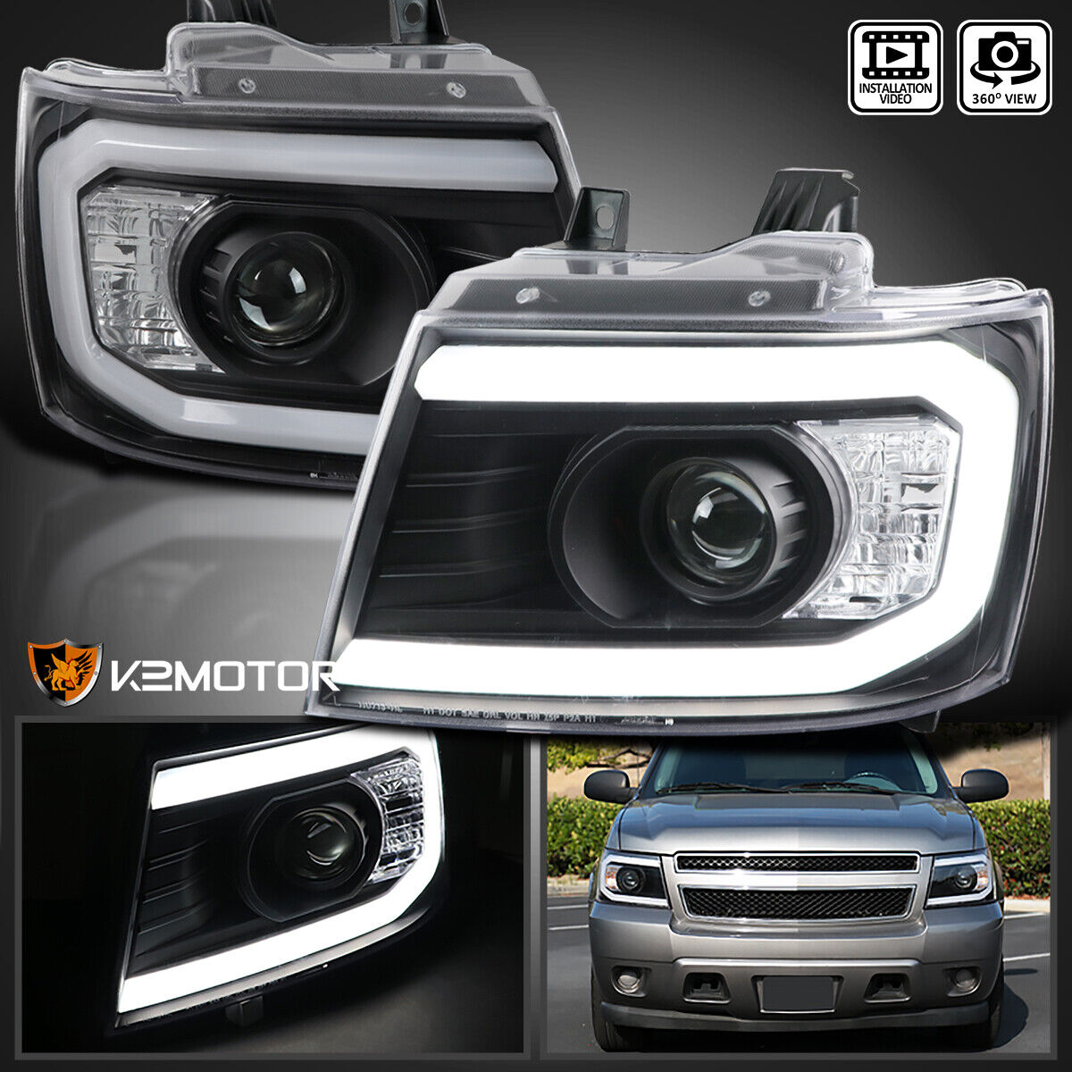 Black Fits 2007-2013 Chevy Avalanche Tahoe Suburban Projector Headlights LED DRL