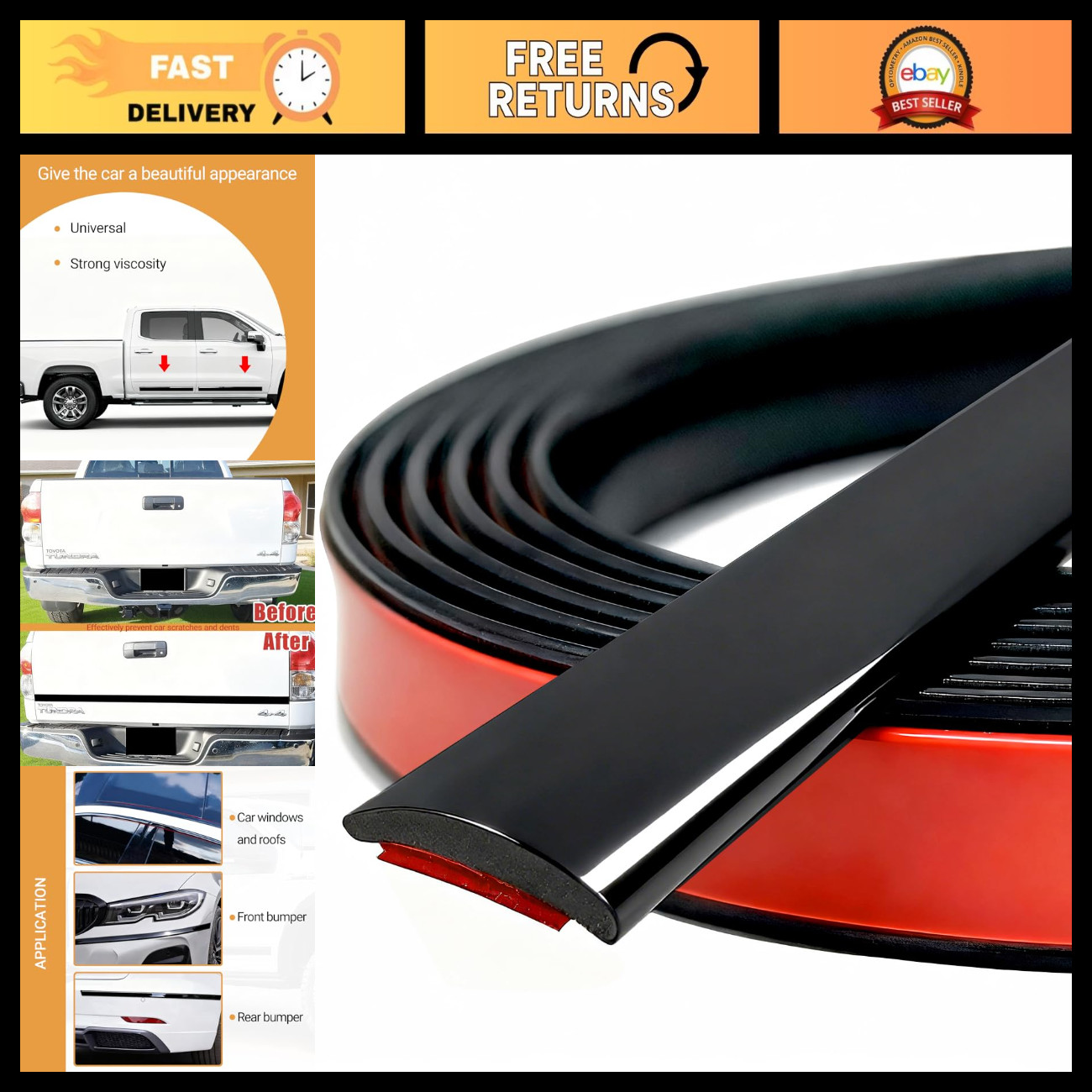 Glossy Black Body Side Molding Trim - Self-Adhesive Car Protection, 1\