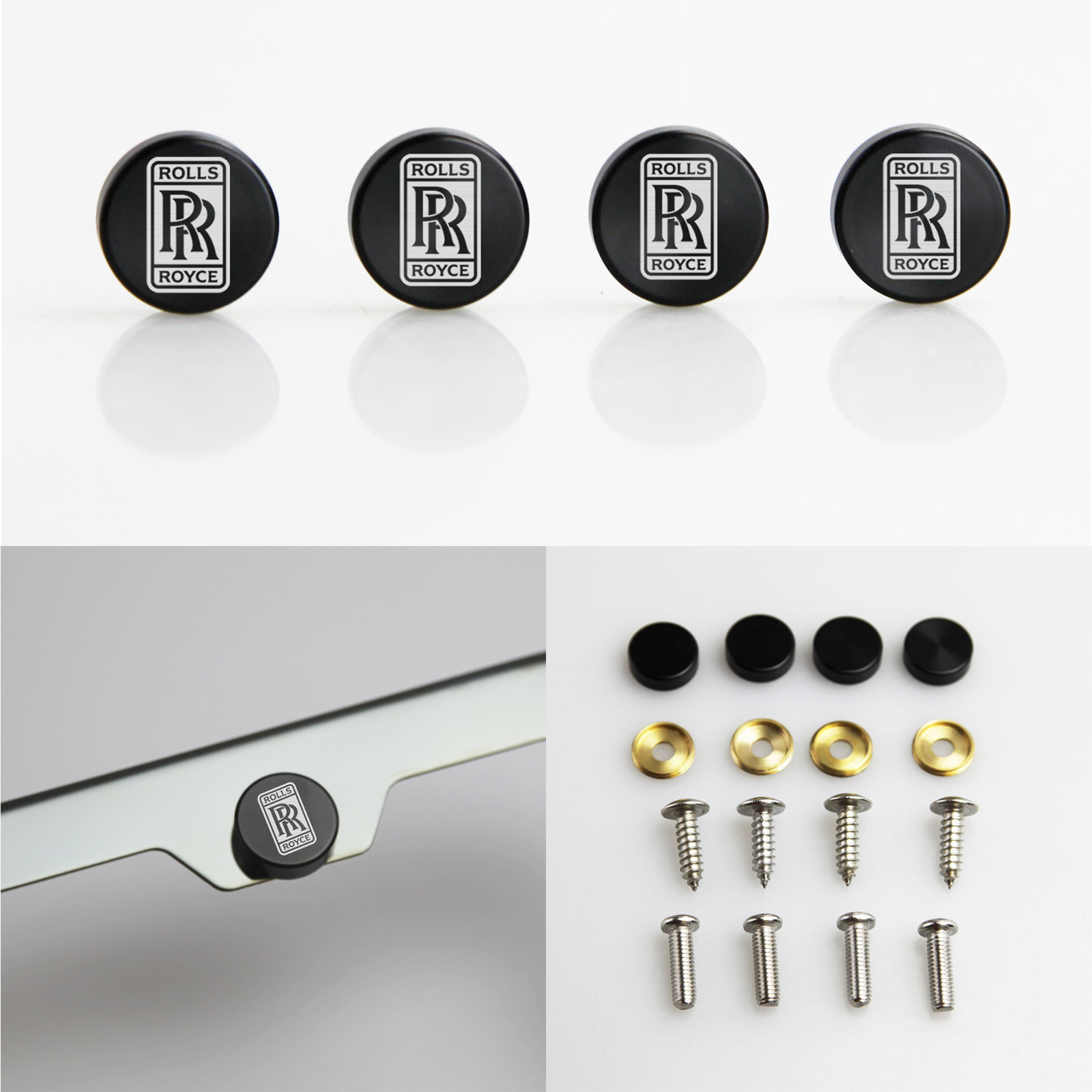 Laser Etched Black Aluminum Rolls Royce License Plate Frame Bolt Screw Cap Cover