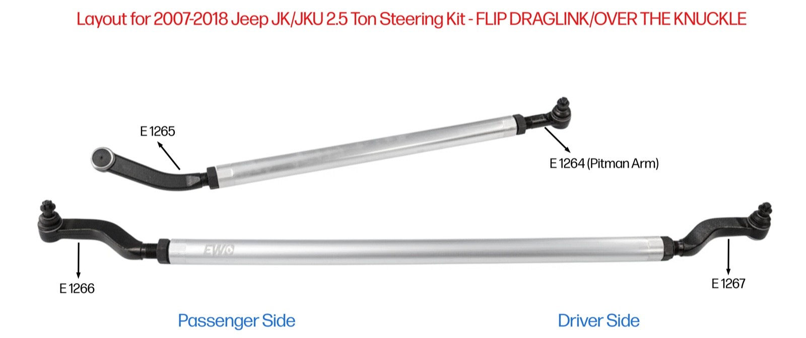 EWO 2.5 TON 2007-2018 Jeep JK BOLT ON ALUMINUM 7075 STEERING KIT W/FLIP DRAGLINK