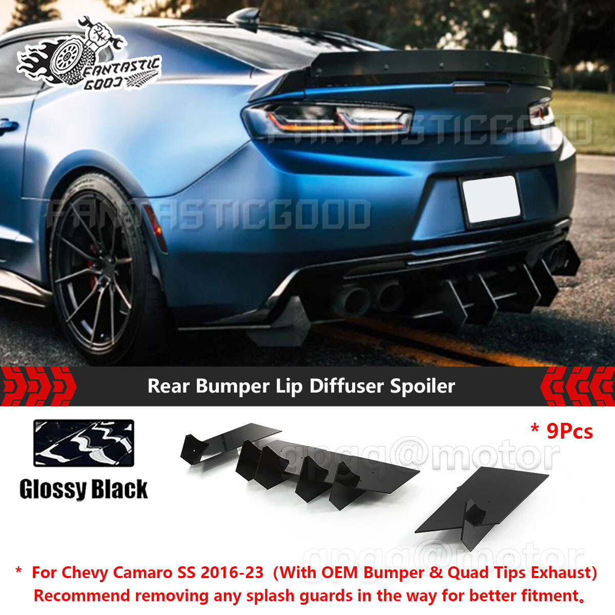 For Chevy Camaro SS/RS/LS/LT 16-23 Gloss Black V2 Rear Diffuser & Side Splitters