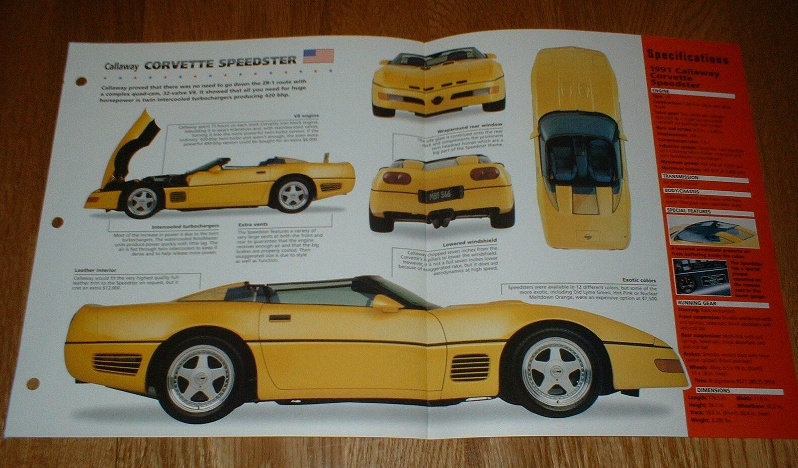 1991 Callaway Corvette Speedster Spec Sheet Brochure Photo Info Poster