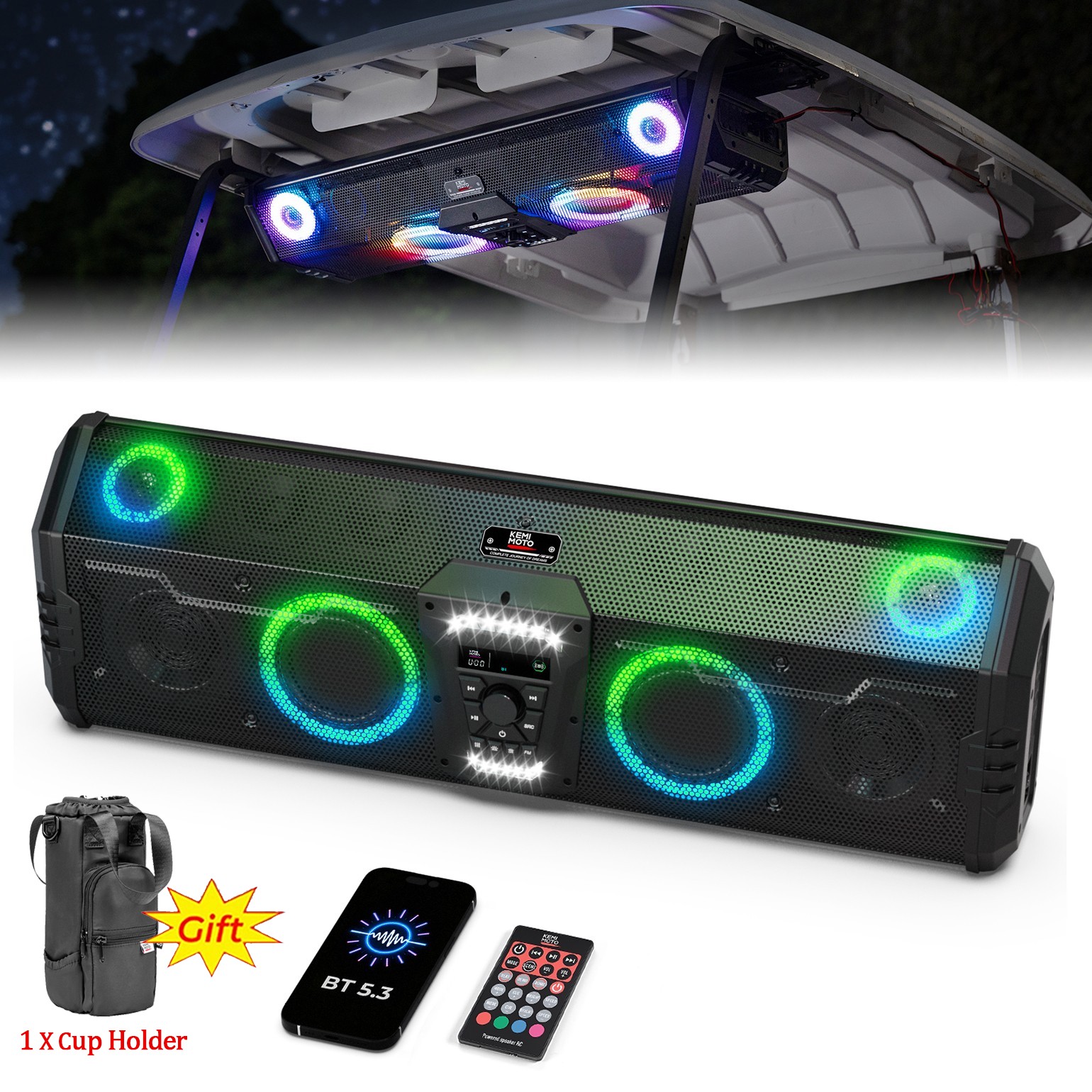 KEMIMOTO Midnight 90 Golf Cart Stereo System RGB 800W Sound Bar with Subwoofer