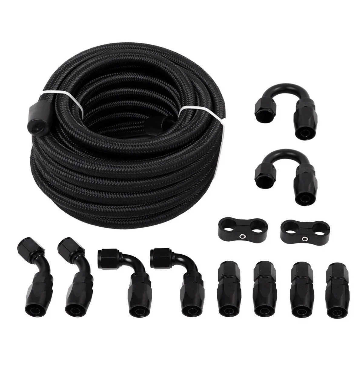 AN8 Fuel Line Kit 20 Ft. Nylon Braided CPE Black Hose with 10 Fittings AN8 Fuel Line Kit 20 Ft. Nylon Braided CPE Black Hose with 10 Fittings