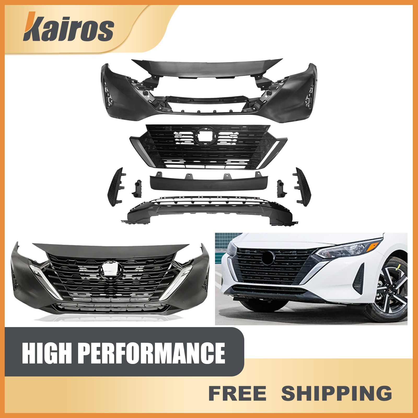 New Complete Front Bumper Cover Grille Kit Fits 2024-2025 Nissan Sentra S SV