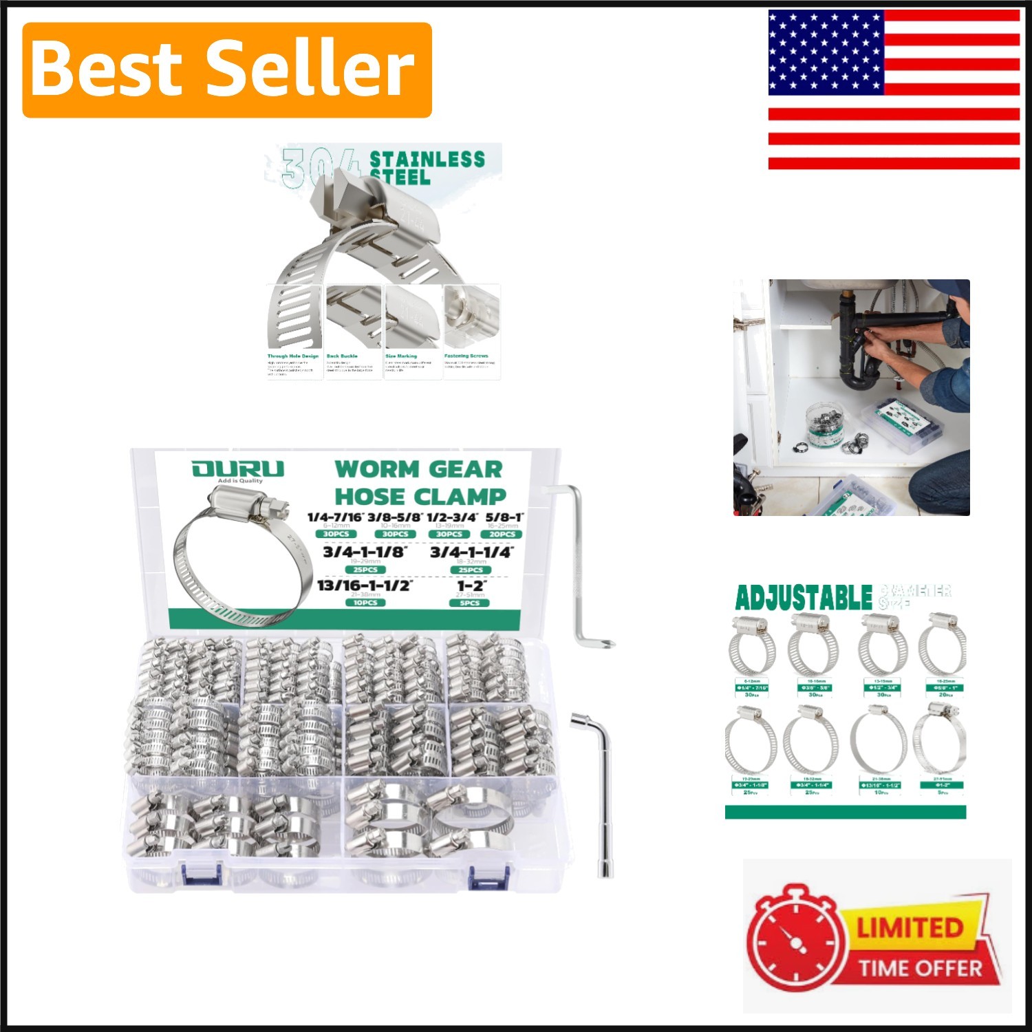 175PCS Versatile Stainless Steel Hose Clamp Kit with Easy-Use Adjustable Design