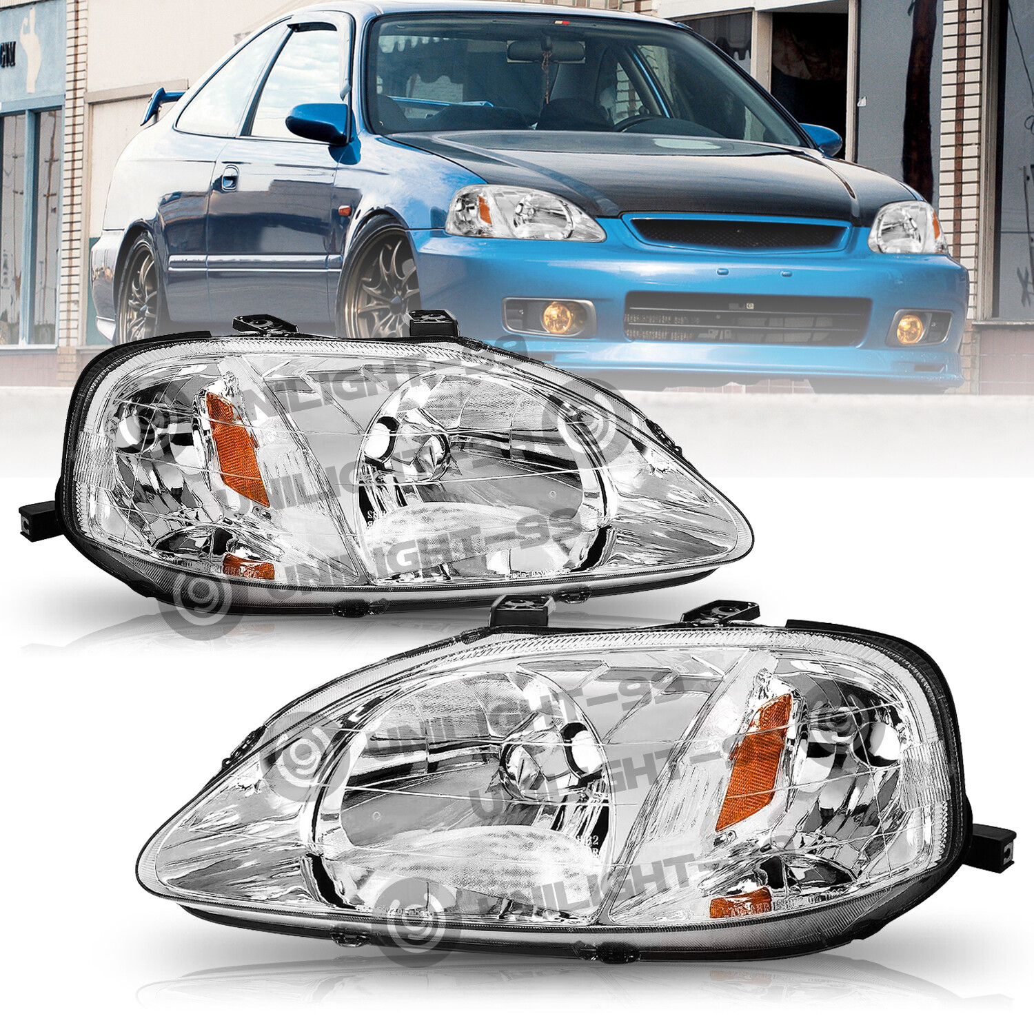 For 99-00 Honda Civic DX EX Chrome Housing Amber Corner Headlights Lamps Set