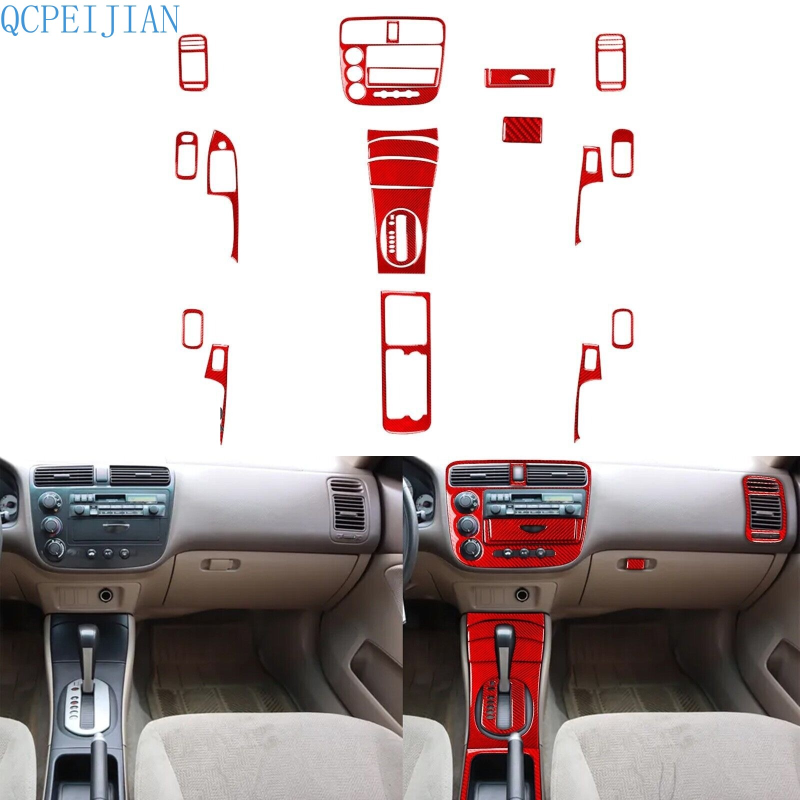 22Pcs Red Carbon Fiber Kits Full Interior Trim Cover For Honda Civic 2001-2005