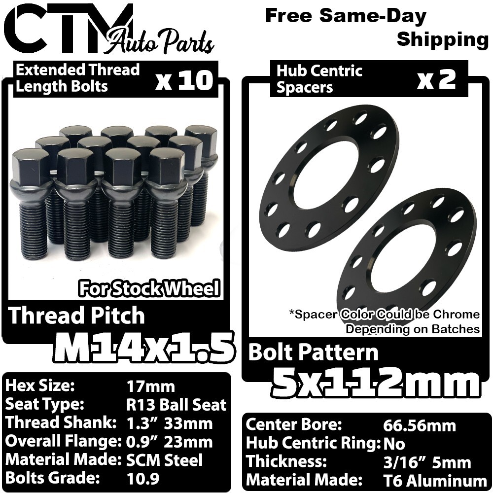 2x 5mm Thick 5x112 66.56mm CB Wheel Spacer Black Bolt Fit Mercedes Stock Wheels