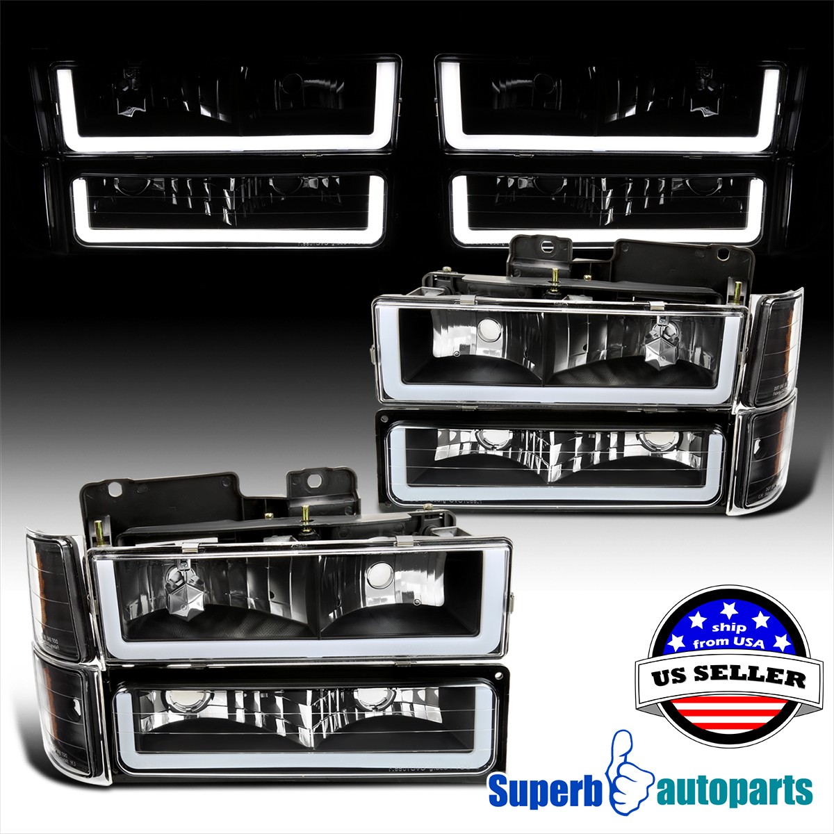 Fit 1994-1998 Silverado C10 C/K 1500 2500 Black Headlights LED Strip+Bumper Lamp Fit 1994-1998 Silverado C10 C/K 1500 2500 Black Headlights LED Strip+Bumper Lamp